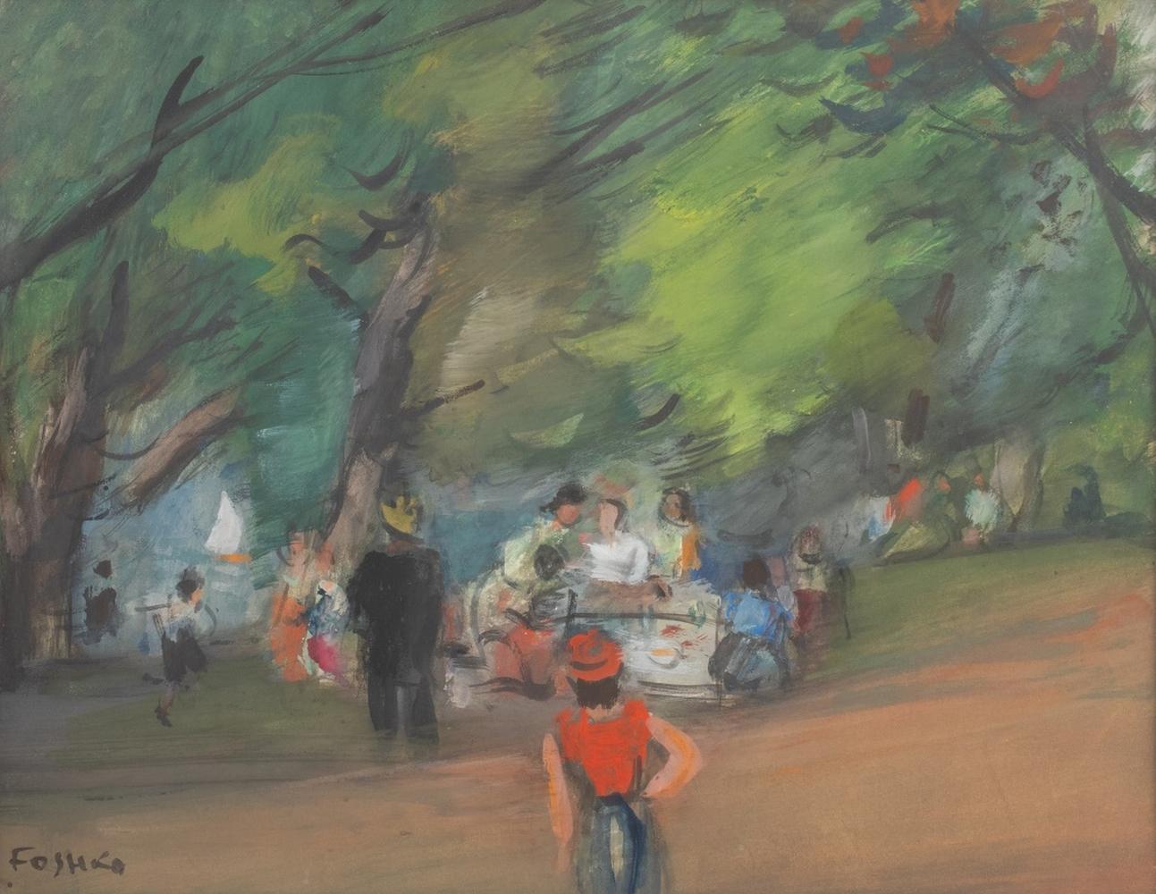 Josef Foshko (Russe, 1891-1971), Picknick, Aquarell auf Papier, links unten signiert, Rahmen aus Goldholz. Bildabmessungen: 13,75
