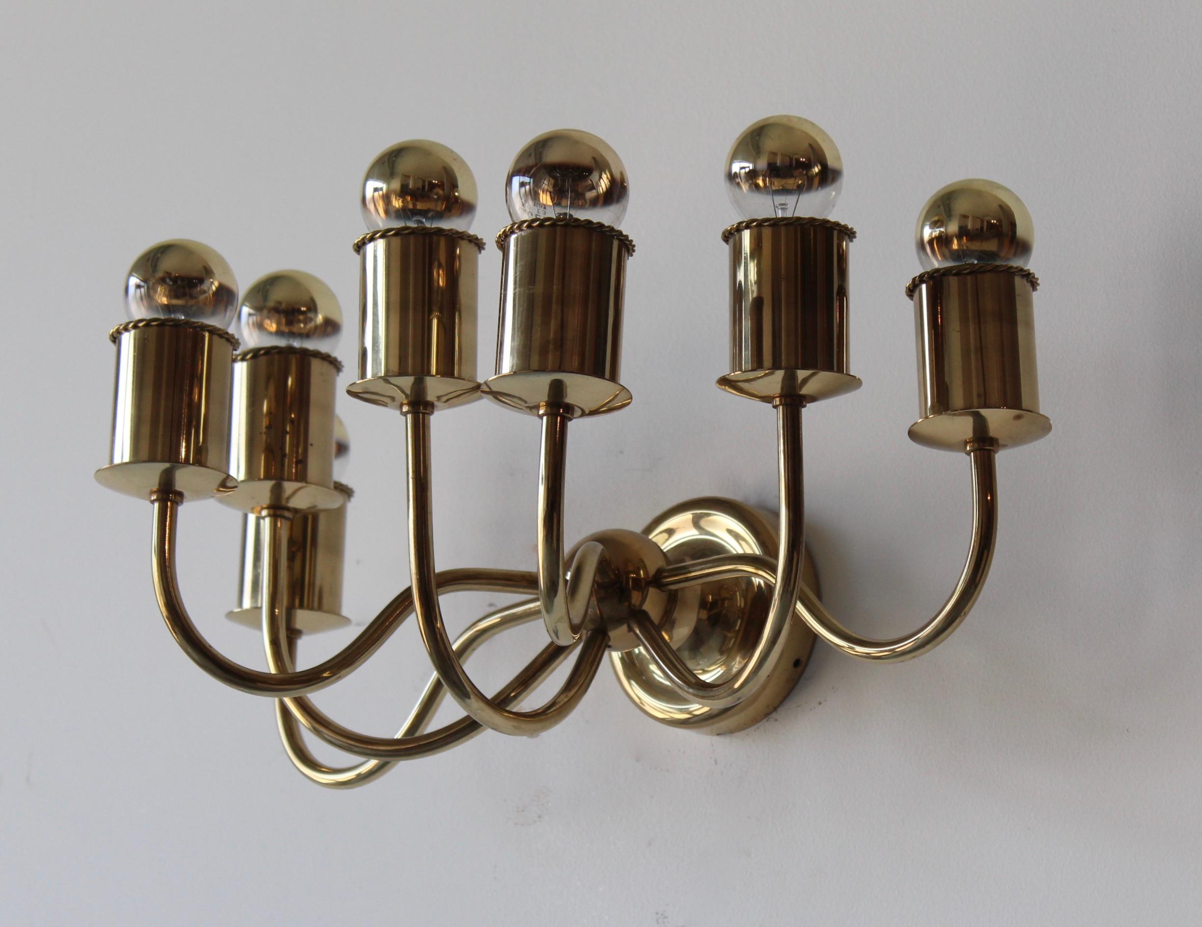 Josef Frank, 7-Armed Wall Light, Brass, Svenskt Tenn, Sweden 1920s In Good Condition In High Point, NC