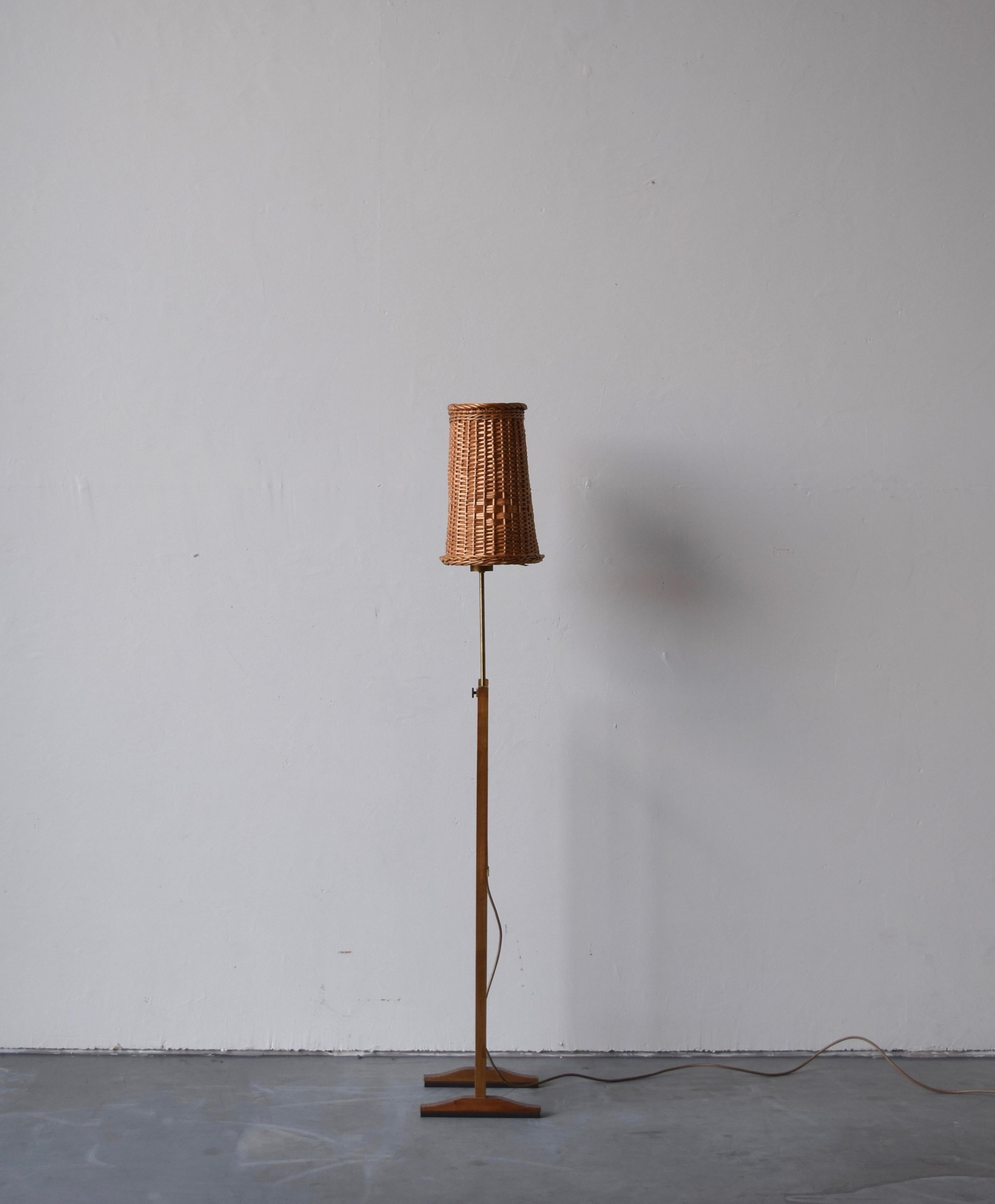 Scandinavian Modern Josef Frank, Adjustable Floor Lamp, Brass, Mahogany, Rattan, Svenskt Tenn, 1950s