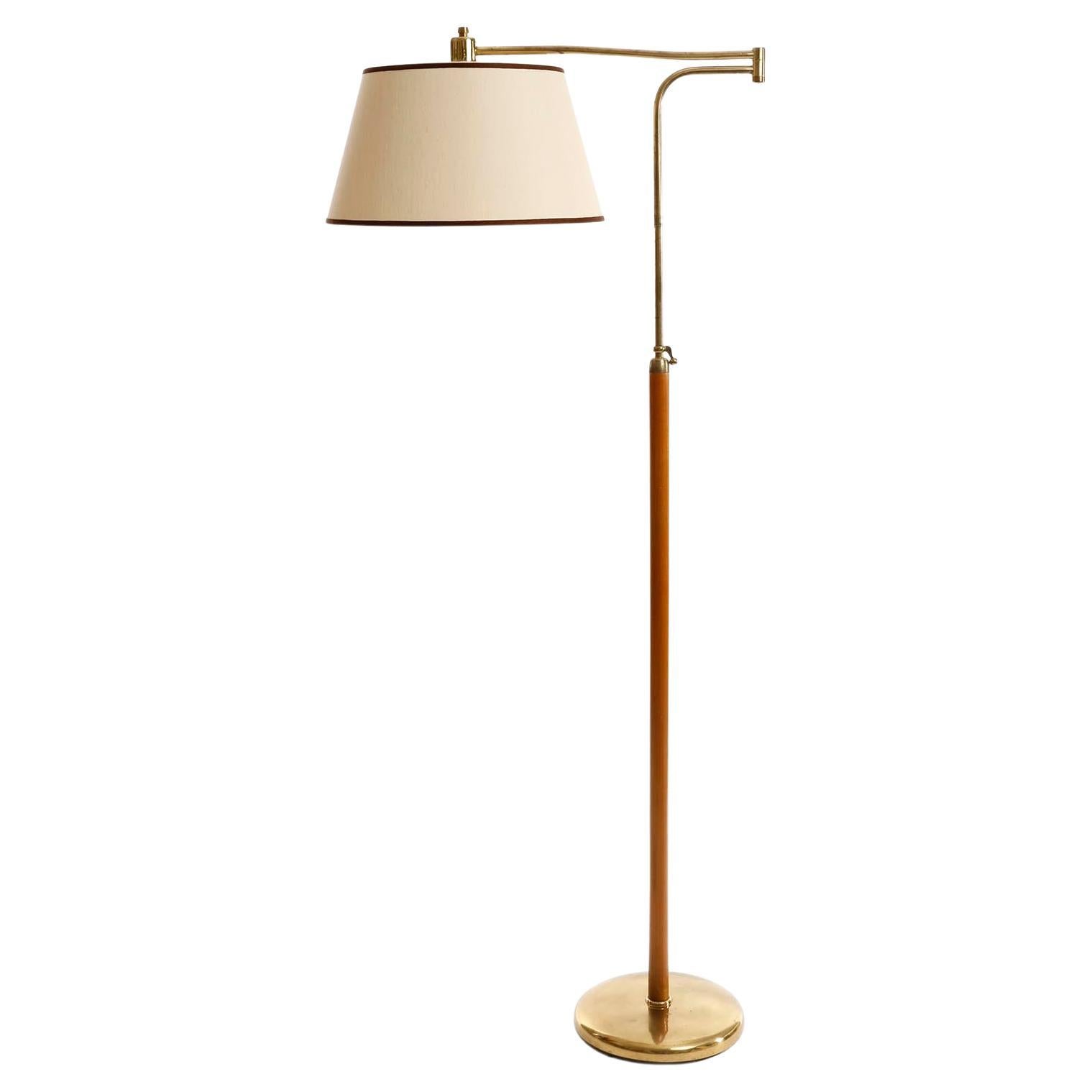 Josef Frank Adjustable Floor Lamp 'Neolift' by J.T. Kalmar, Brass Wood, 1950s