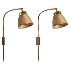 Josef Frank, Luci da parete regolabili,  Ottone, Rattan, Svenskt Tenn, Svezia, anni '50