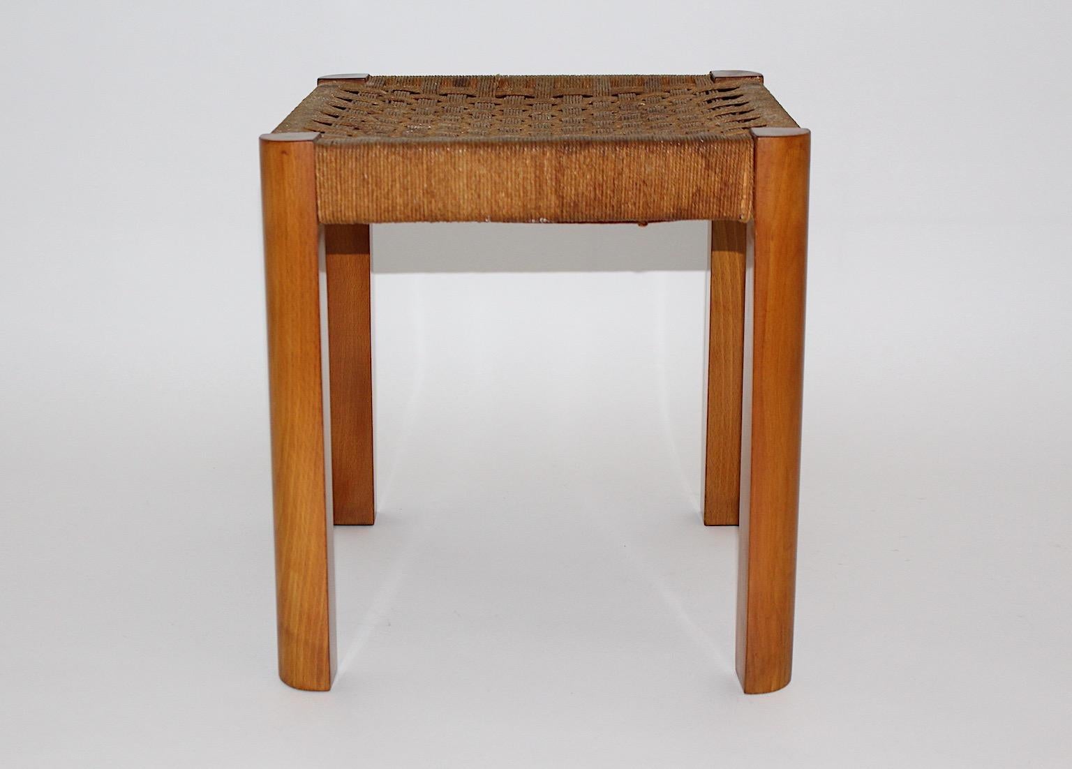 Josef Frank Art Deco Rectangular Vintage Beech Bast Stool, c 1928, Austria For Sale 11