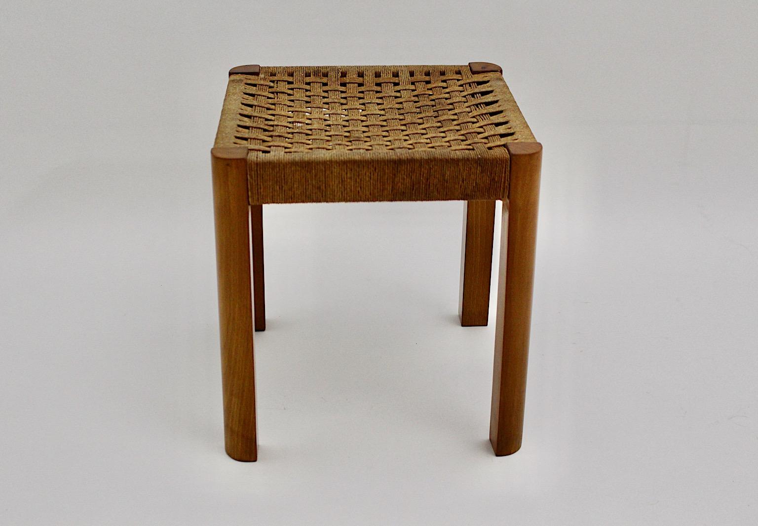 Early 20th Century Josef Frank Art Deco Rectangular Vintage Beech Bast Stool, c 1928, Austria For Sale