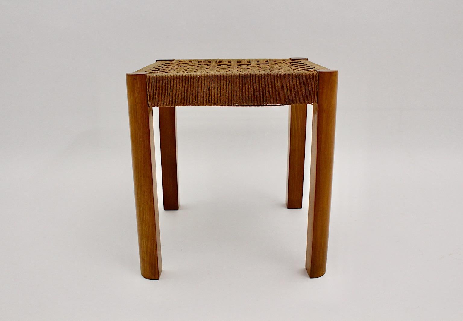 Josef Frank Art Deco Rectangular Vintage Beech Bast Stool, c 1928, Austria For Sale 1