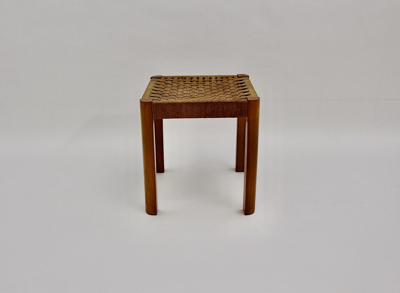 Josef Frank Art Deco Rectangular Vintage Beech Bast Stool, c 1928, Austria For Sale 3