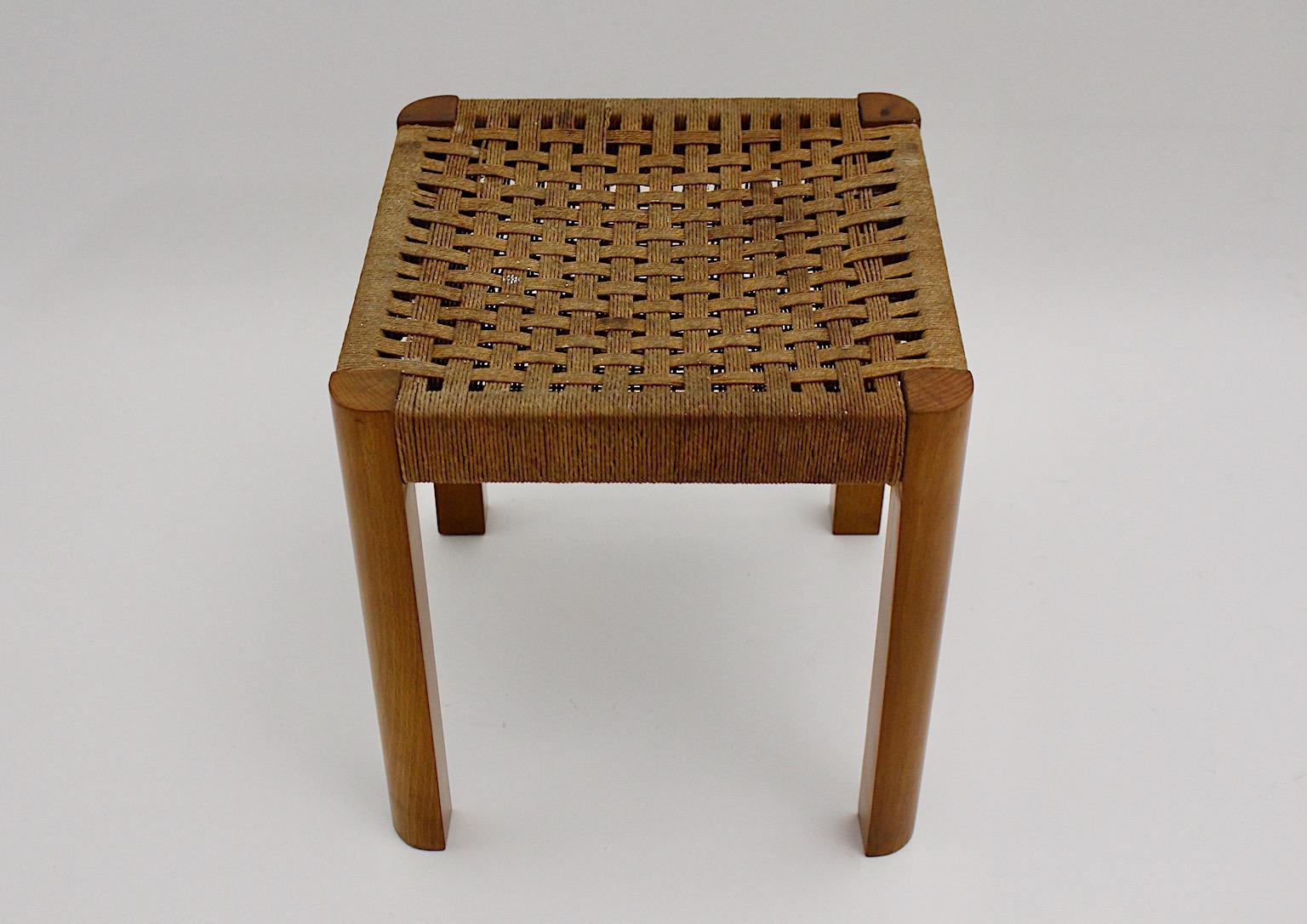 Josef Frank Art Deco Rectangular Vintage Beech Bast Stool, c 1928, Austria For Sale 4