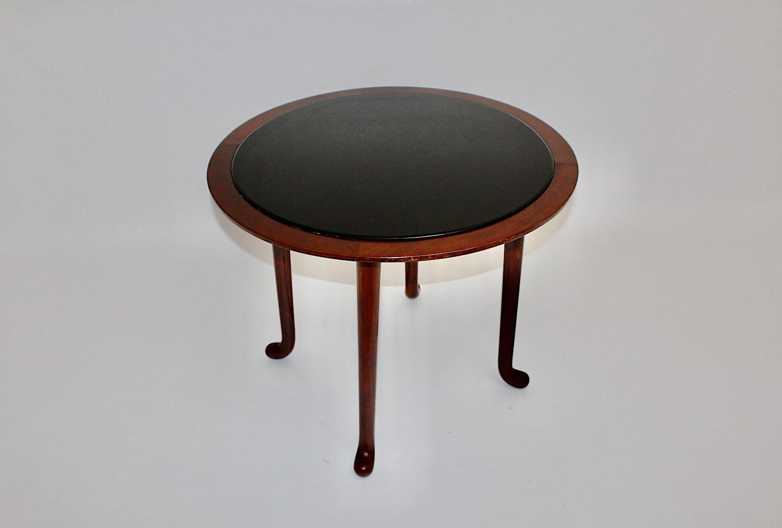 Austrian Josef Frank Art Deco Vintage Circular Walnut Black Glass Side Table Vienna, 1925 For Sale