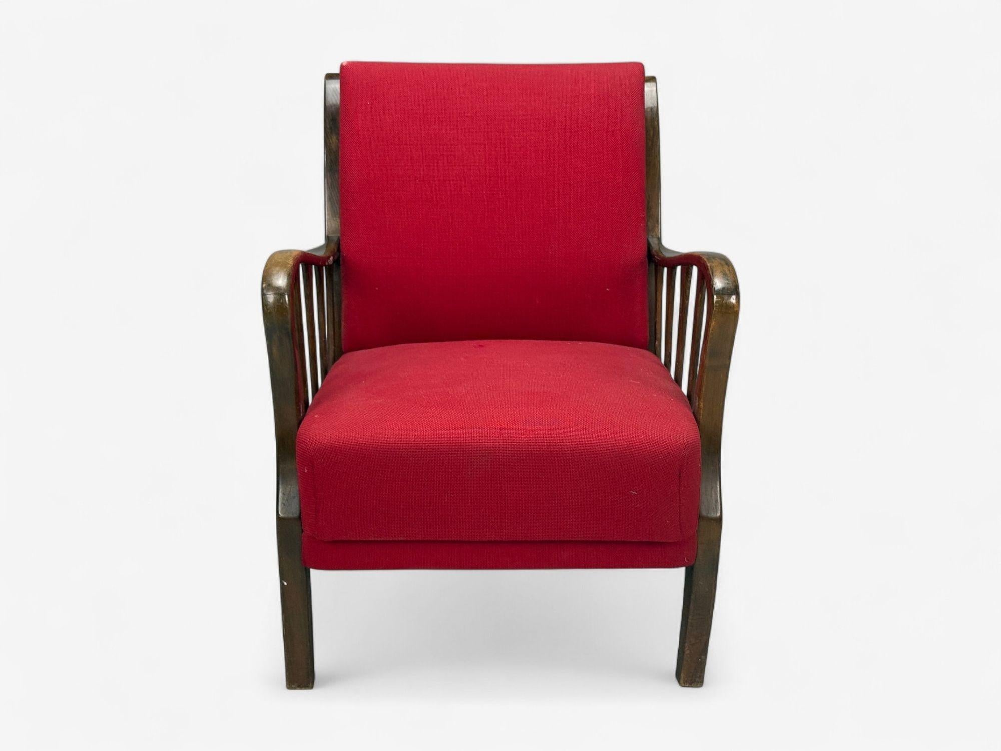 Josef Frank Attribution, Roter Stoff, Holz, Dänemark, 1950er Jahre (Moderne der Mitte des Jahrhunderts) im Angebot