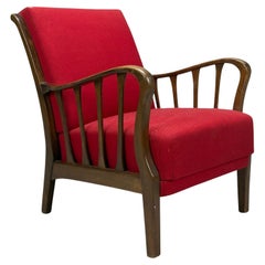 Josef Frank Attribution, Red Fabric, Wood, Lounge Chair, Denmark, 1950s