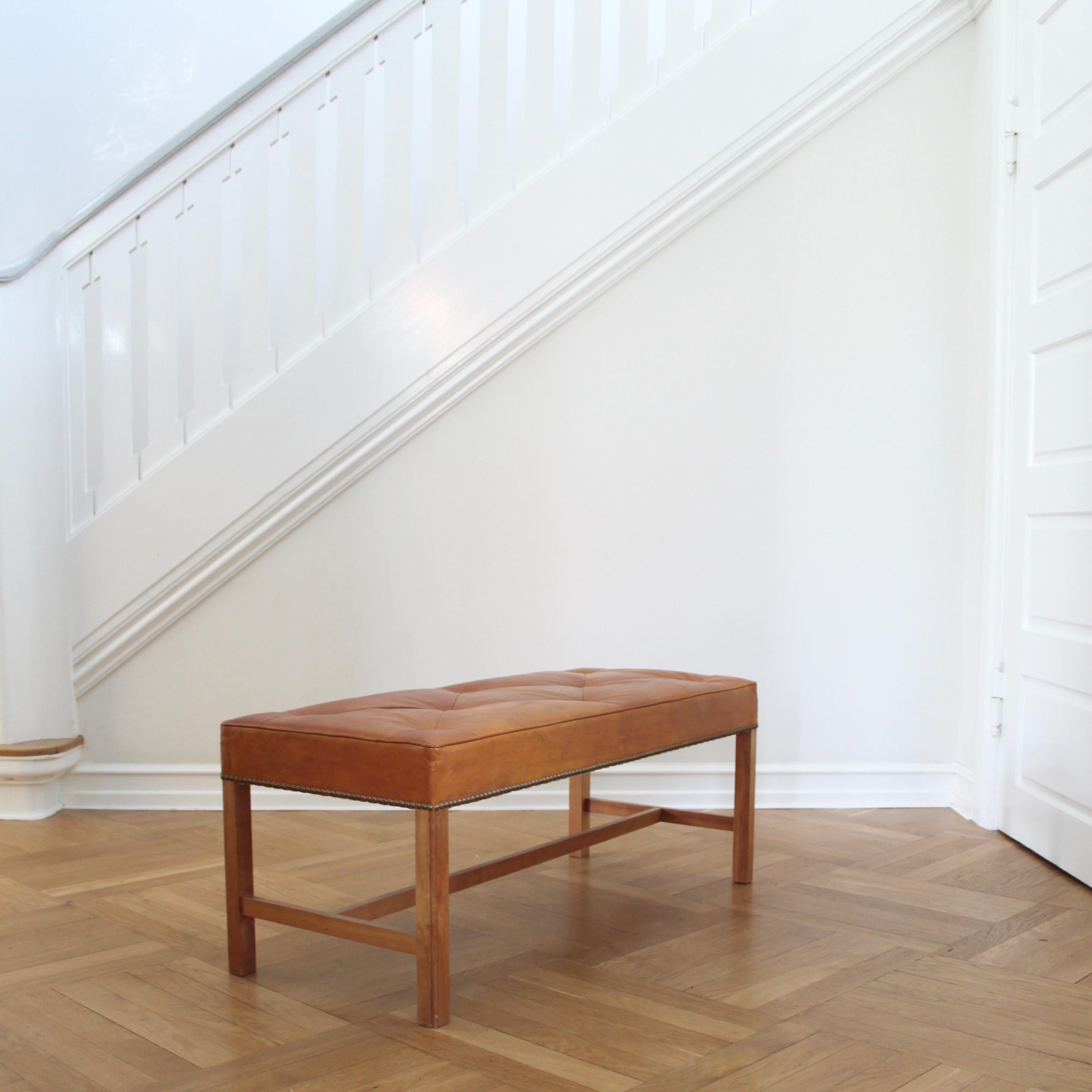Oiled Josef Frank Bench in Mahogany and Niger Leather, Sweden 1950s