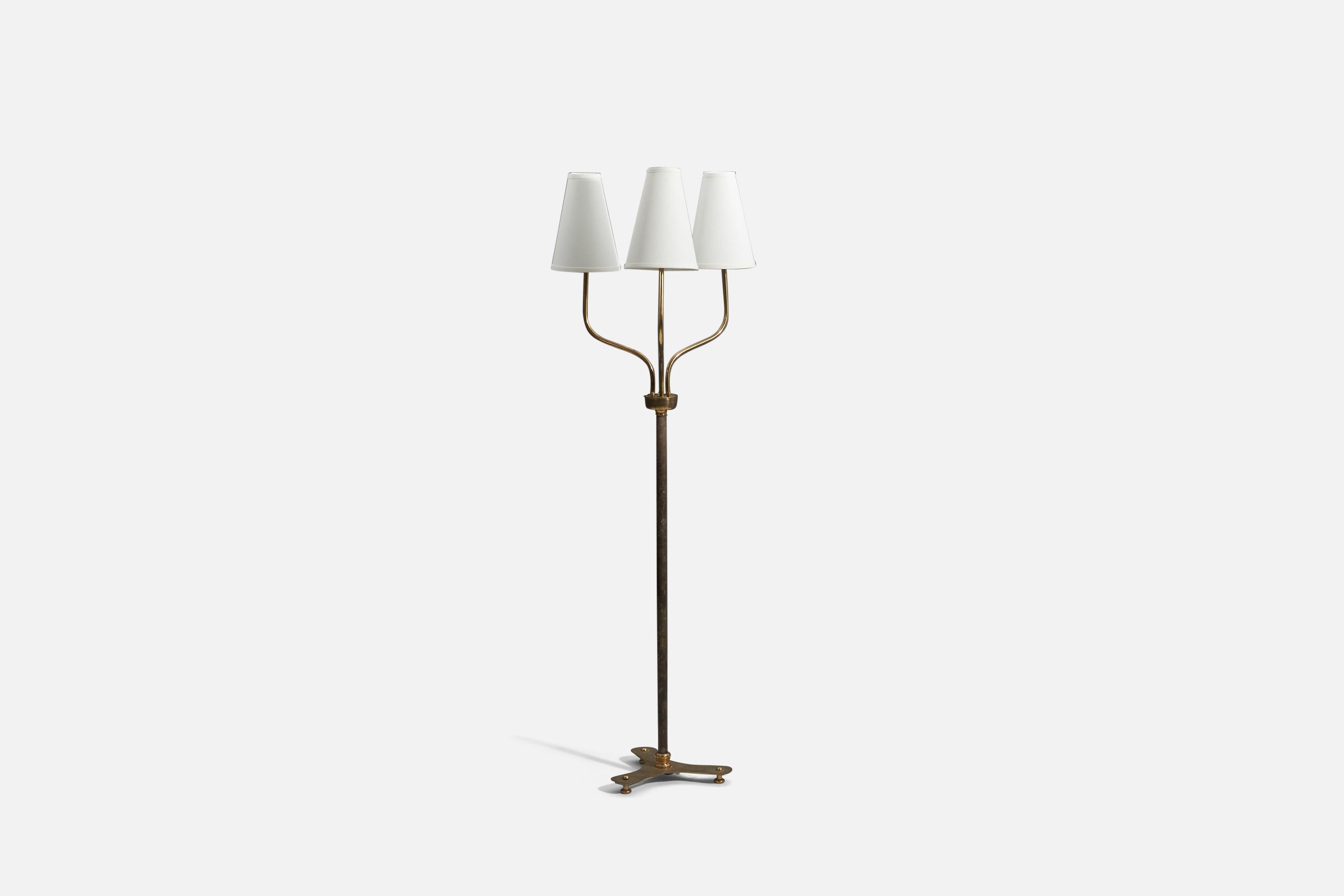 A brass, leather and white fabric floor lamp designed by Josef Frank and produced by Svenskt Tenn, Sweden, 1950s. 