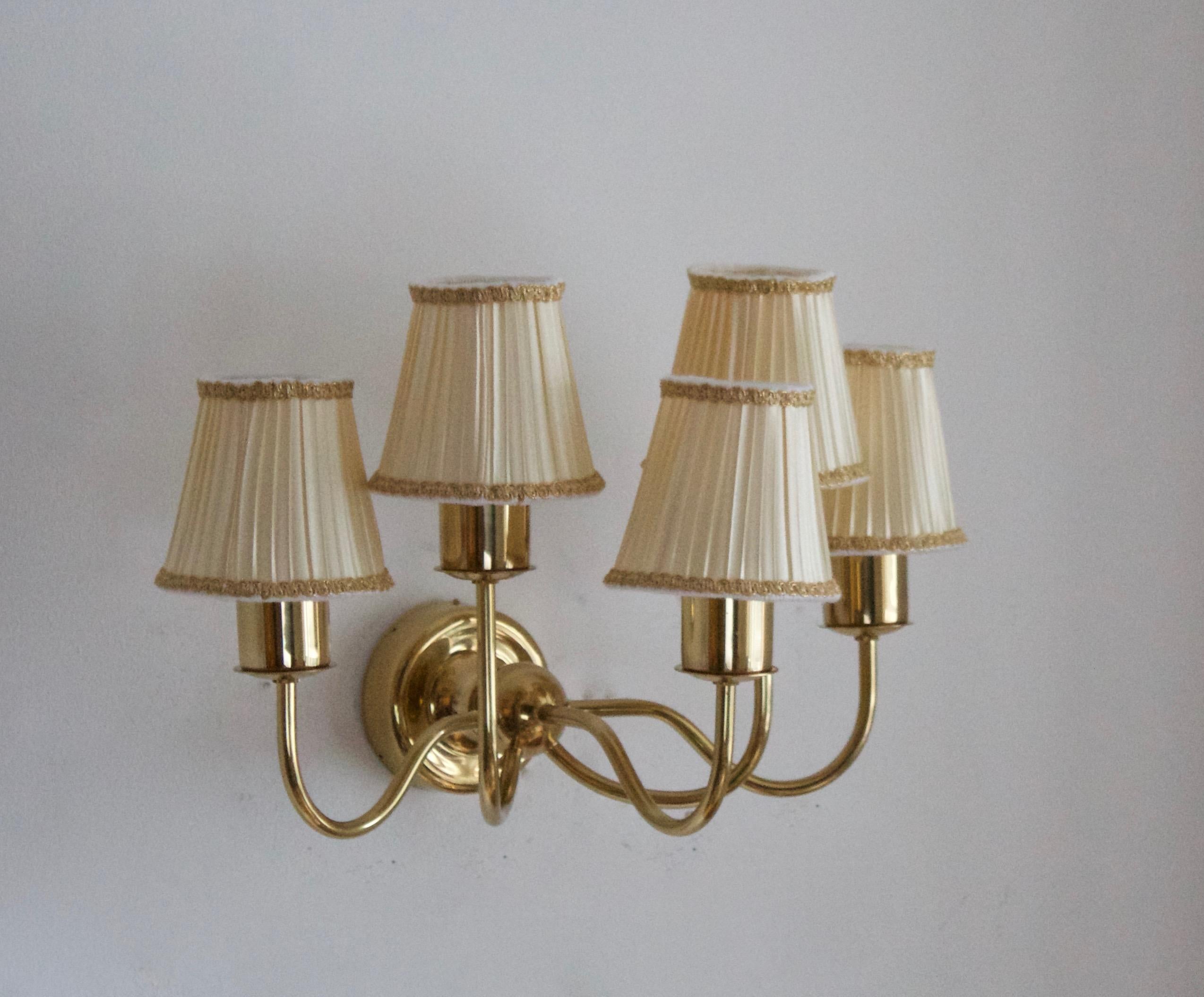 Swedish Josef Frank, Five-Armed Wall Light, Brass, Fabric, Svenskt Tenn, Sweden