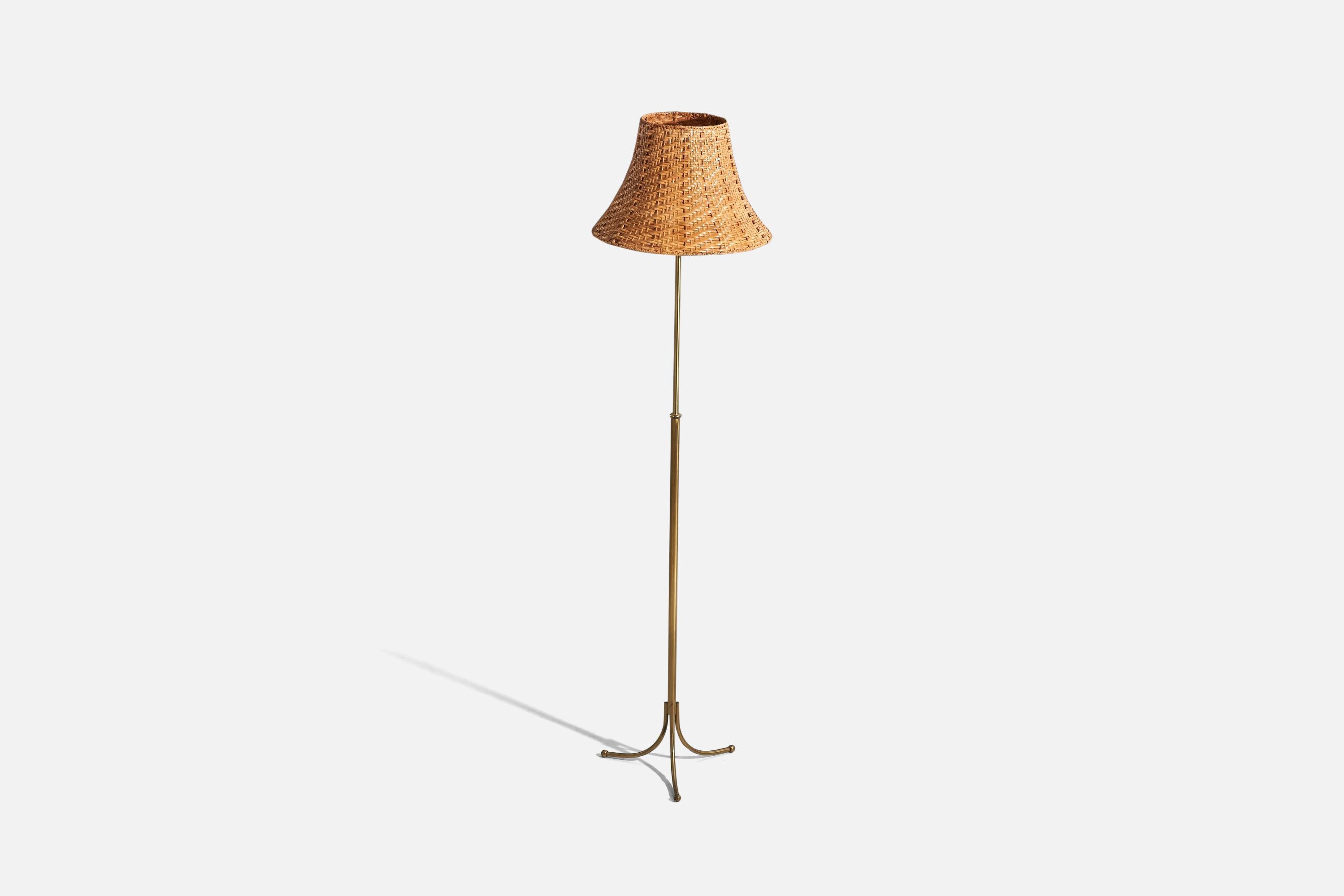 Scandinavian Modern Josef Frank, Floor Lamp, Brass, Rattan, Svenskt Tenn, 1950s