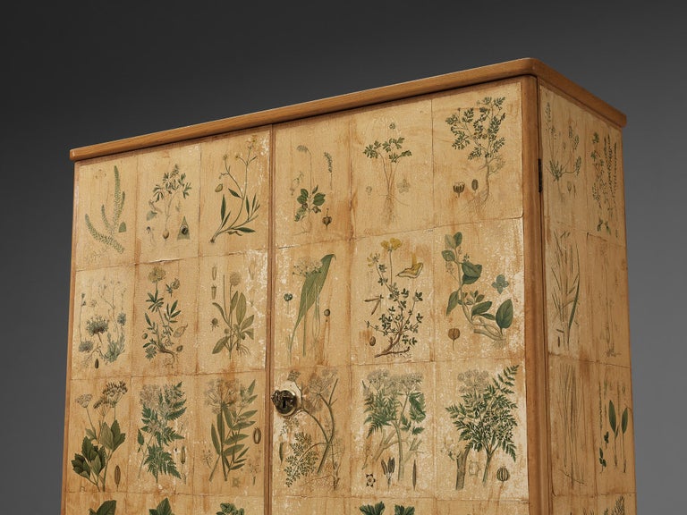 Mid-20th Century Josef Frank Inspired ‘Flora’ Cabinet in Ash and Paper with Plant Motifs