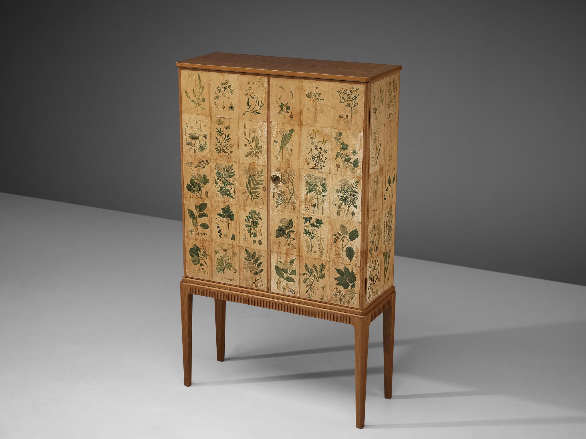 Scandinavian Josef Frank Inspired ‘Flora’ Cabinet in Ash and Paper with Plant Motifs