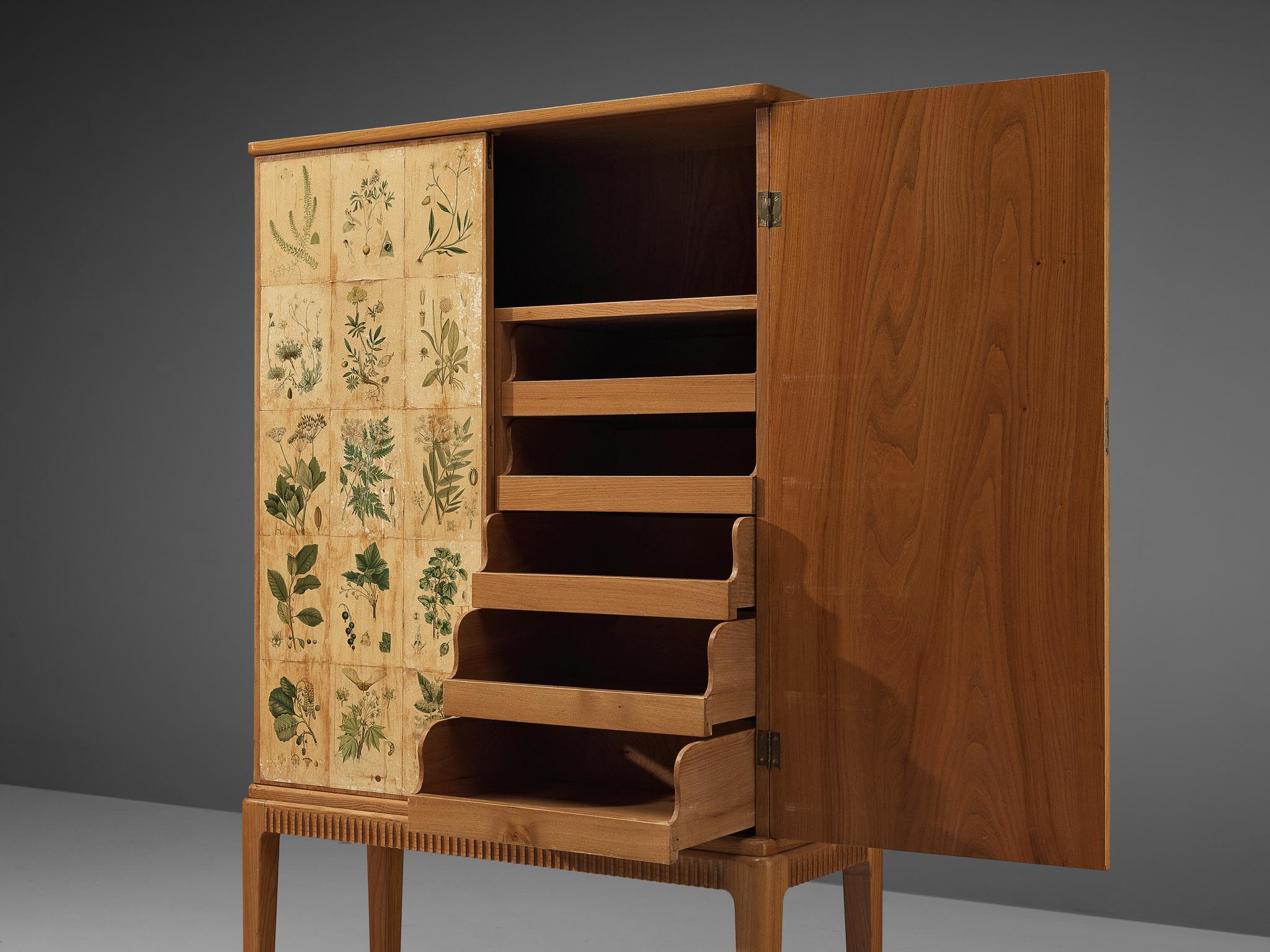 Mid-20th Century Josef Frank Inspired ‘Flora’ Cabinet in Ash and Paper with Plant Motifs