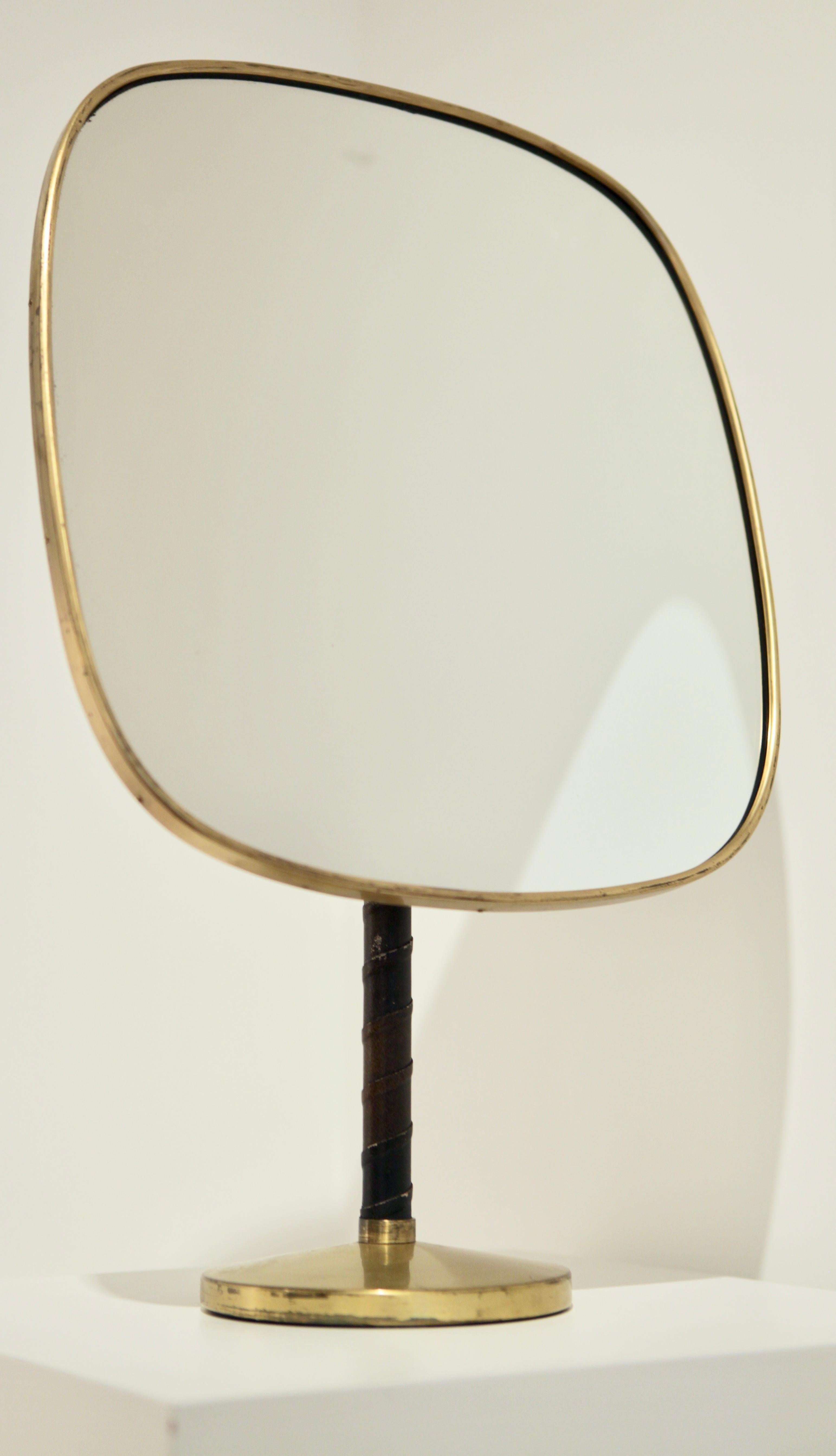 Scandinavian Modern Josef Frank Large Table Mirror in Brass and Leather