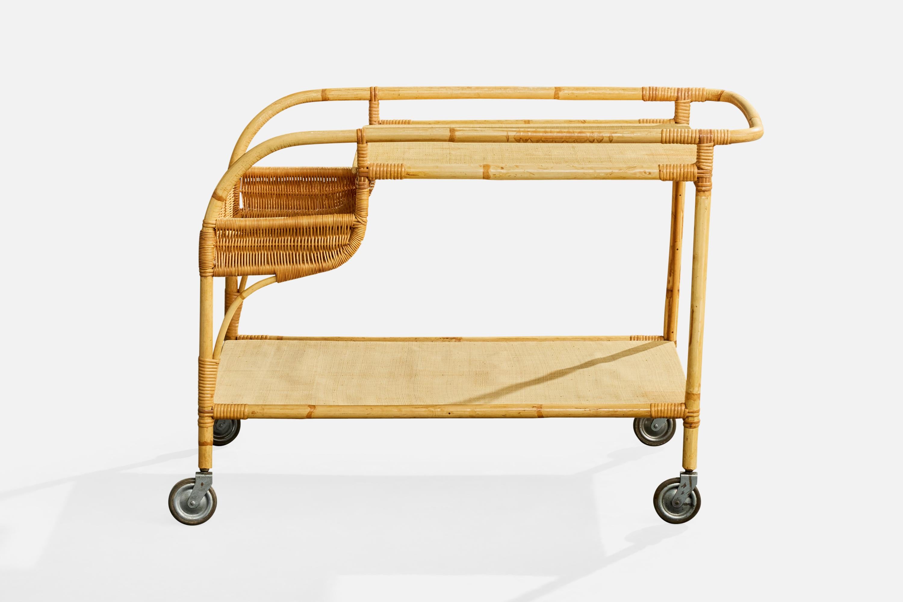 Mid-Century Modern Josef Frank, Serving Cart, Bamboo, Rattan, Metal, Sweden, 1950s en vente