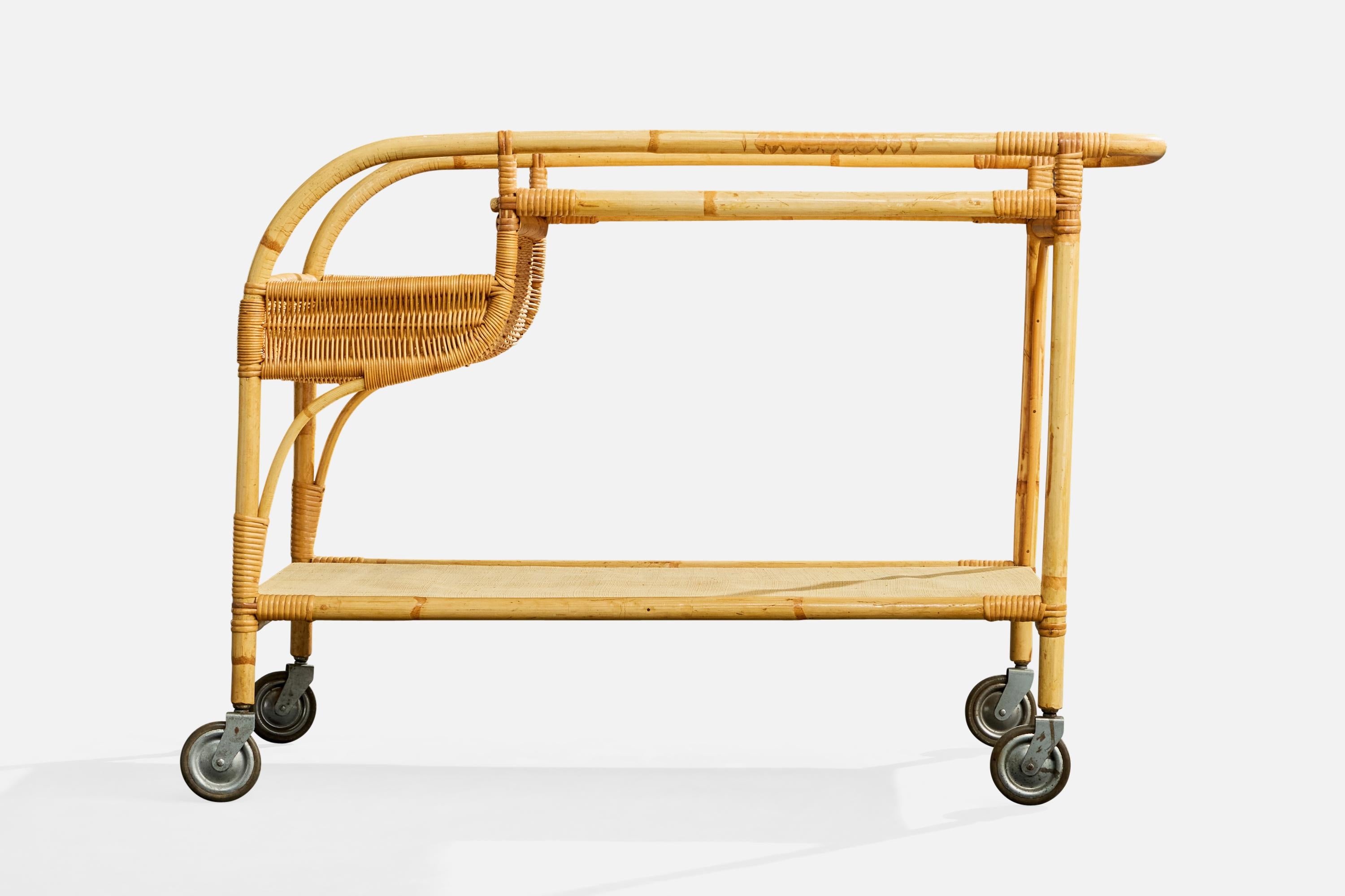 Suédois Josef Frank, Serving Cart, Bamboo, Rattan, Metal, Sweden, 1950s en vente