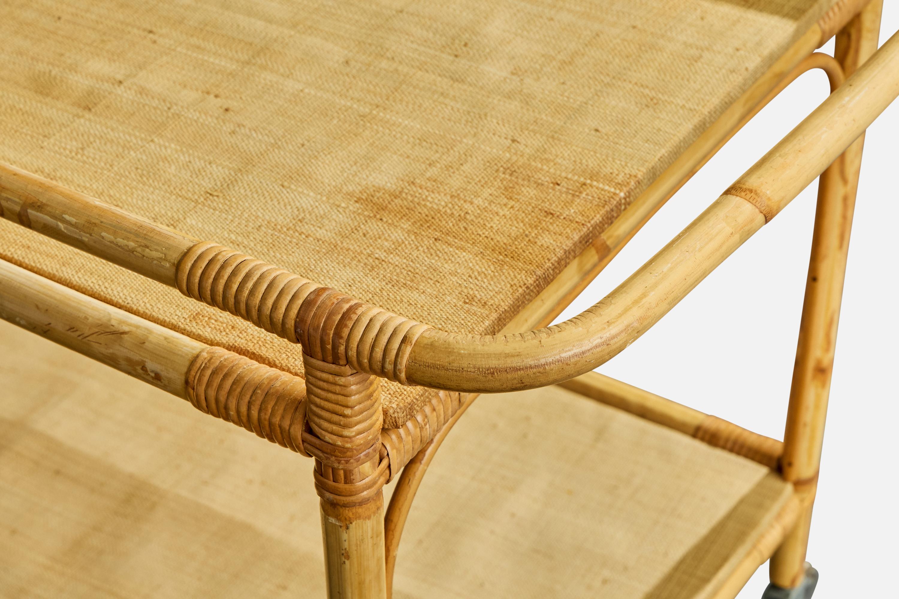 Bambou Josef Frank, Serving Cart, Bamboo, Rattan, Metal, Sweden, 1950s en vente