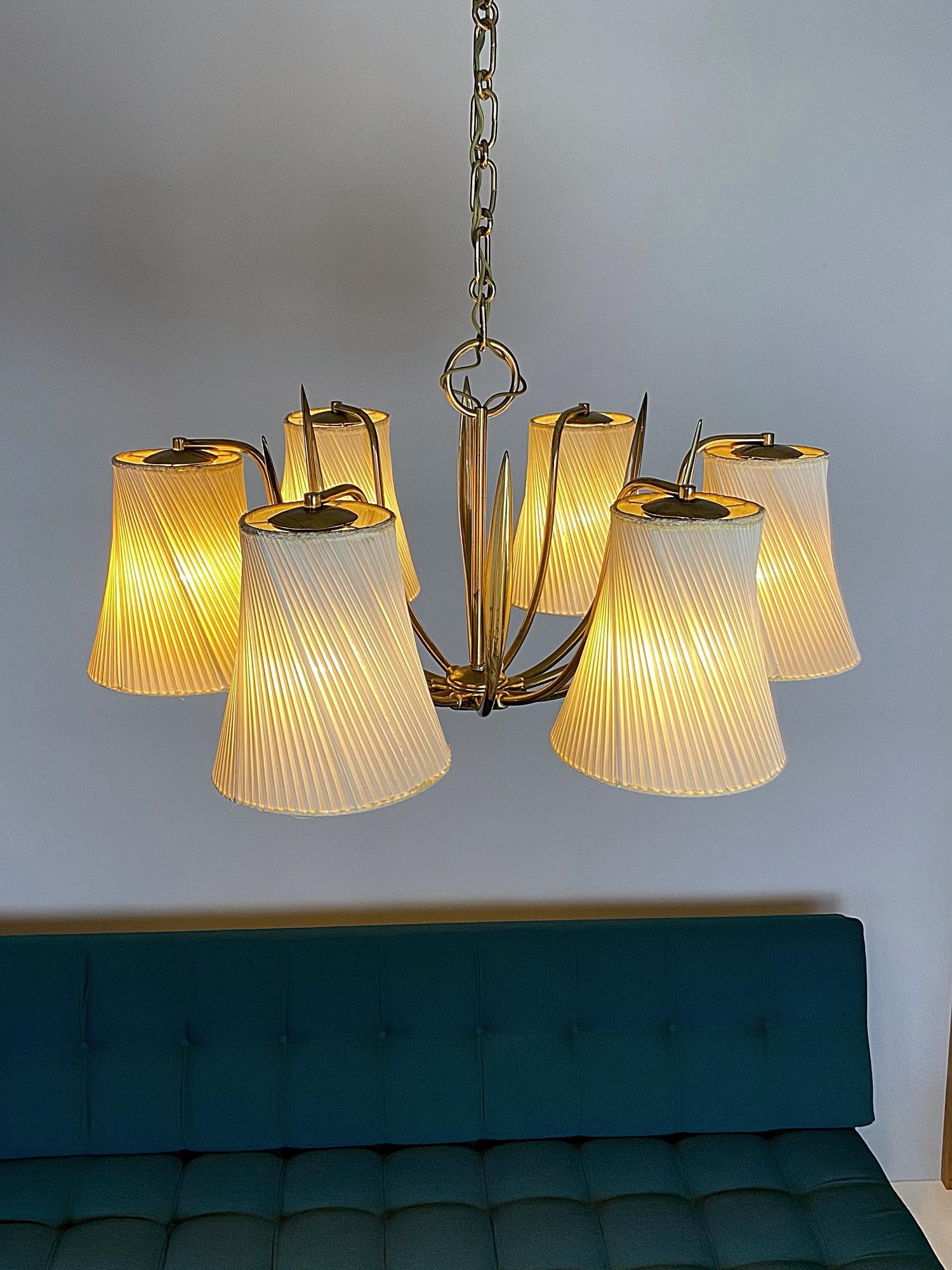 Mid-20th Century Josef Frank Six Light Brass Chandelier, Viennese Modern Age, 1940s, Austria For Sale