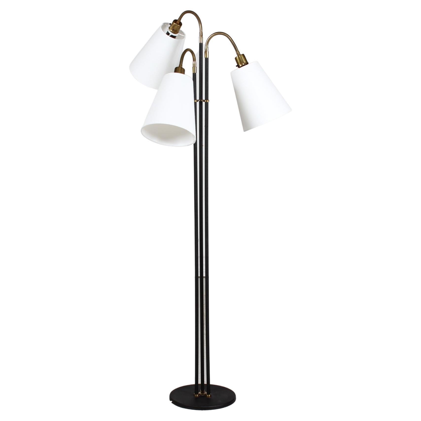 Josef Frank Style 3-Armed Floor Lamp of Brass and Black Lacquered Metal 1950s For Sale