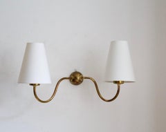 Josef Frank, Two-Armed Wall Lights, Brass, Fabric, Svenskt Tenn, Sweden, 1950s