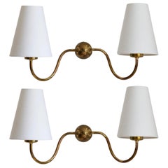 Josef Frank, Two-Armed Wall Lights, Brass, Fabric, Svenskt Tenn, Sweden, 1950s