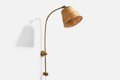 Josef Frank, Wandleuchte, Messing, Rattan, Schweden, 1950er Jahre