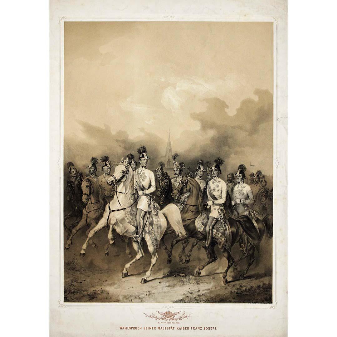 This impressive 1849 engraving depicts Franz Joseph I, based on a composition by the Austrian painter Josef Heicke. Created at the beginning of Franz Joseph’s reign, the print celebrates the young emperor as a commanding military figure and symbol