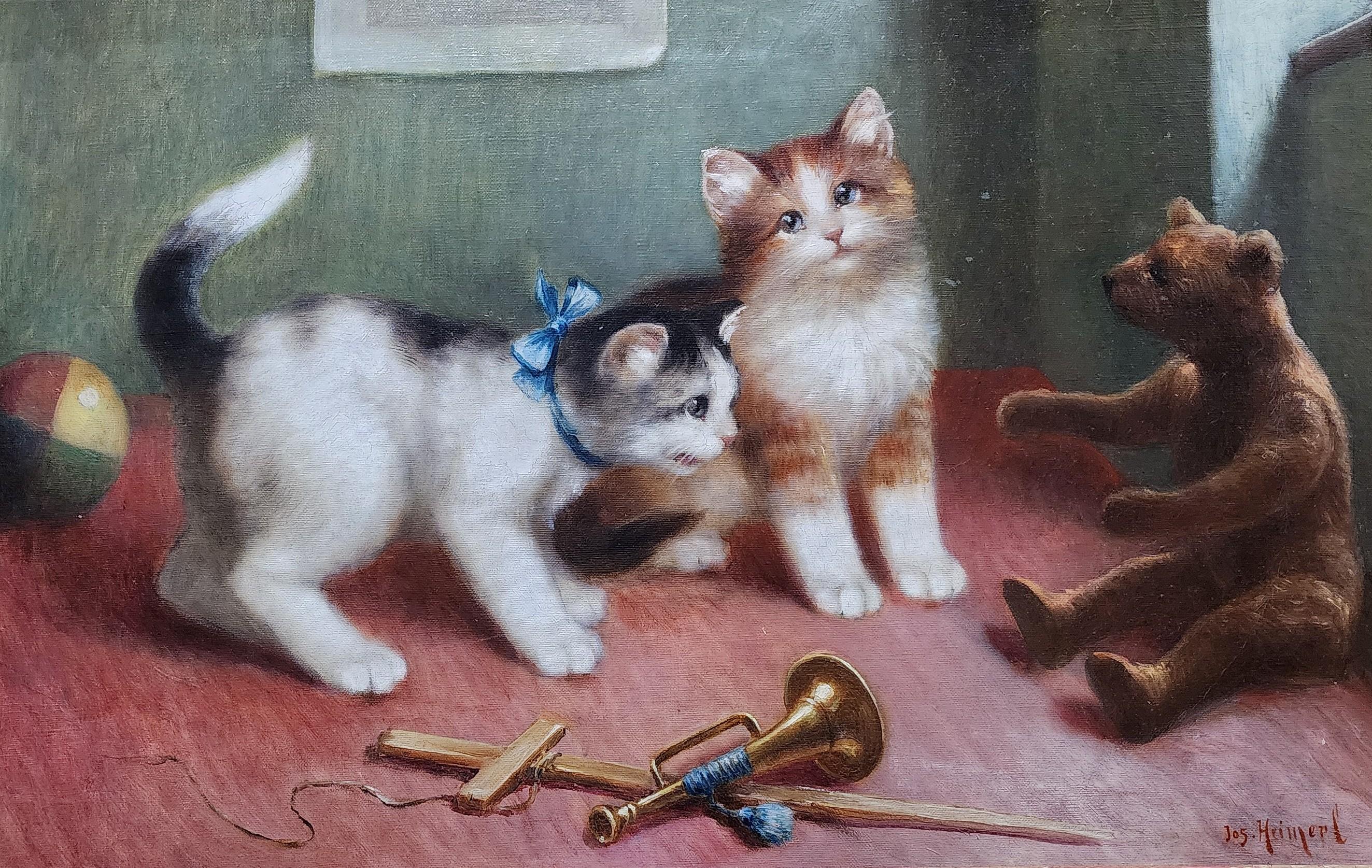 Chatons en train de jouer, peinture ancienne d'animaux, chats, ours en peluche - Painting de Josef Heimerl