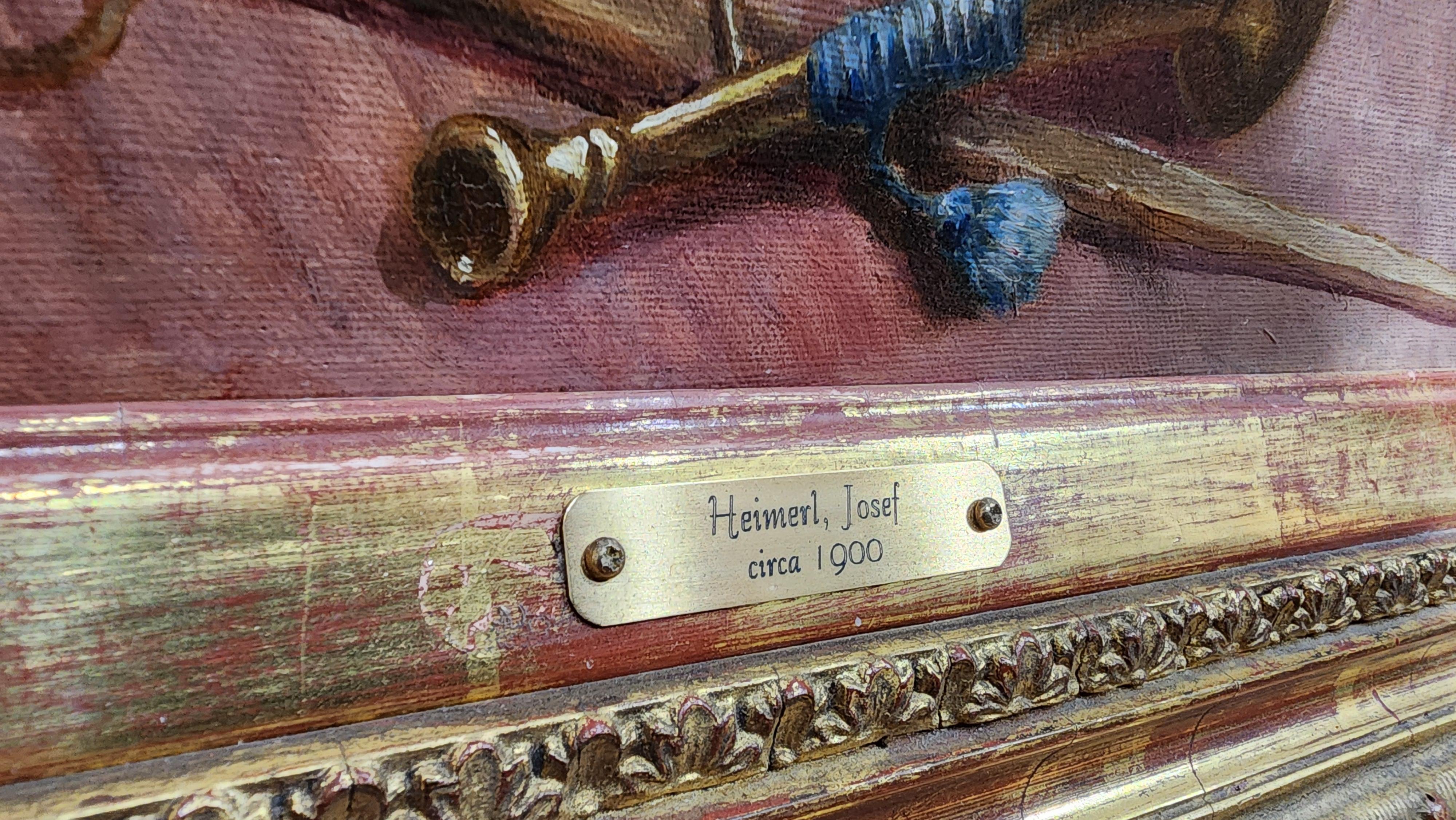 Chatons en train de jouer, peinture ancienne d'animaux, chats, ours en peluche - Marron Animal Painting par Josef Heimerl