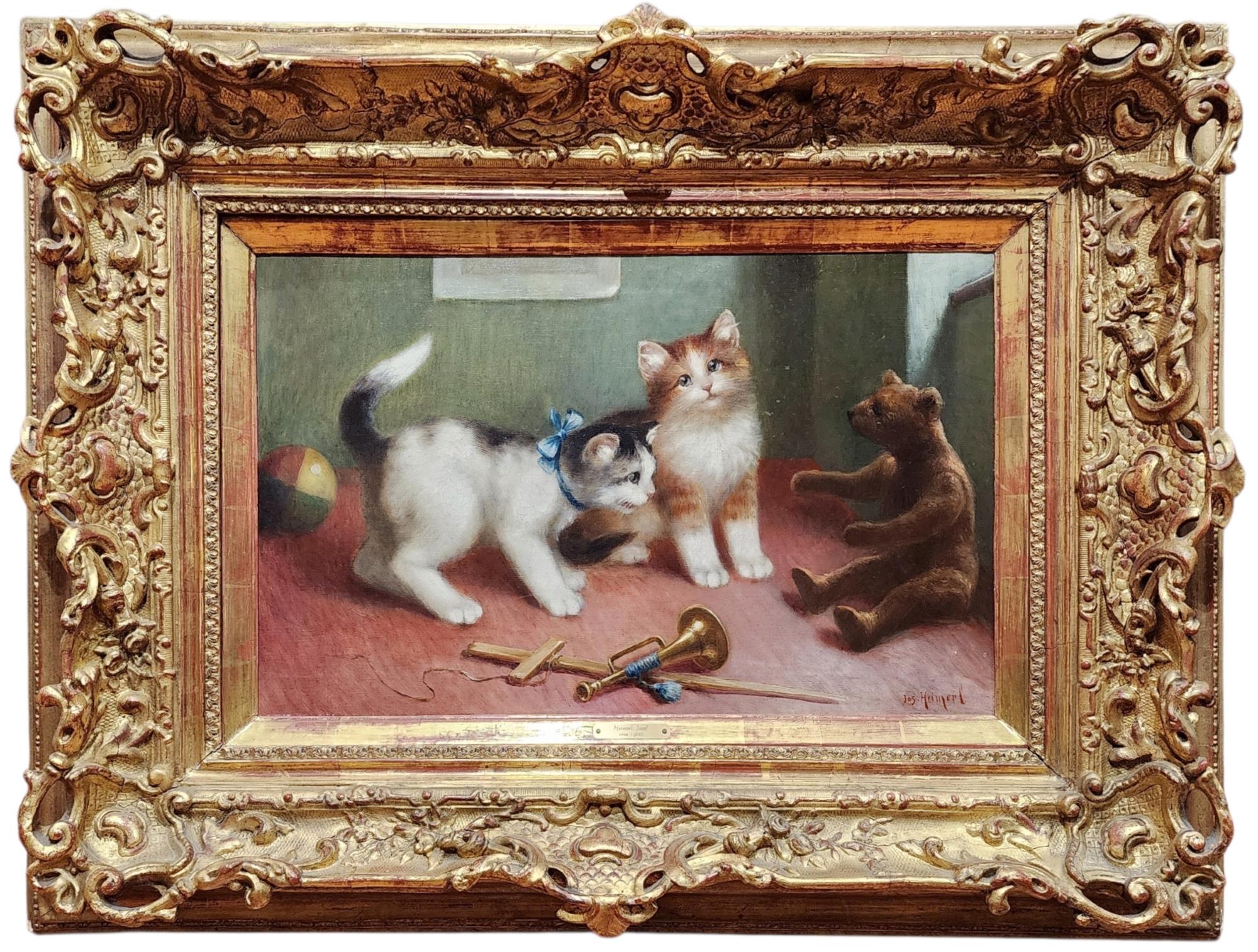 Kittens at Play, Antique Animals Painting, Cats, Teddy Bear