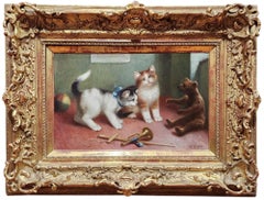 Kittens at Play, Antique Animals Painting, Cats, Teddy Bear