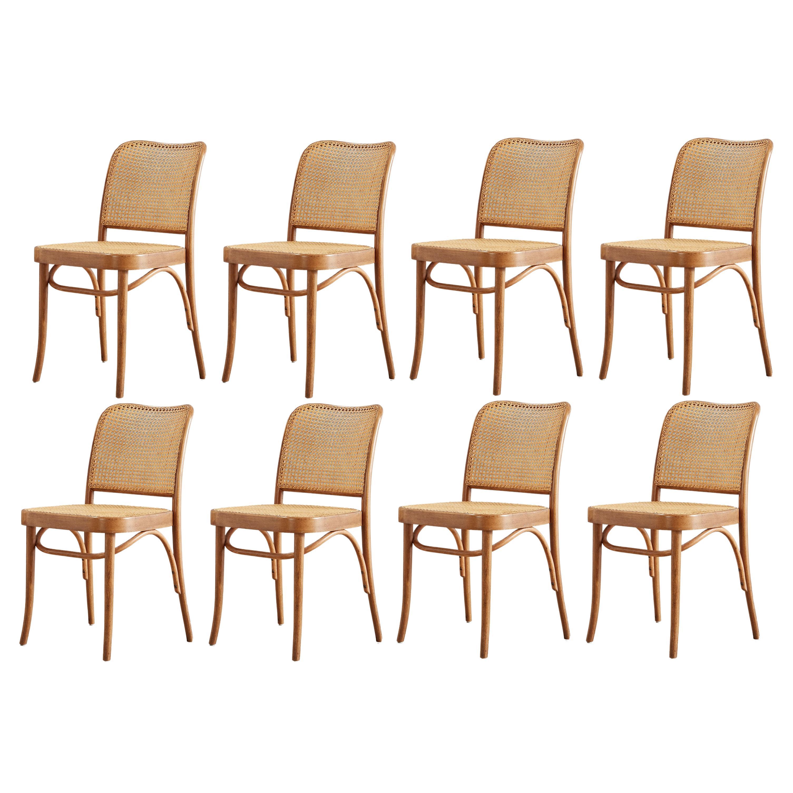 Prager Stuhl aus Bugholz und Schilfrohr von Josef Hoffman für Thonet, 8 Stück verfügbar 