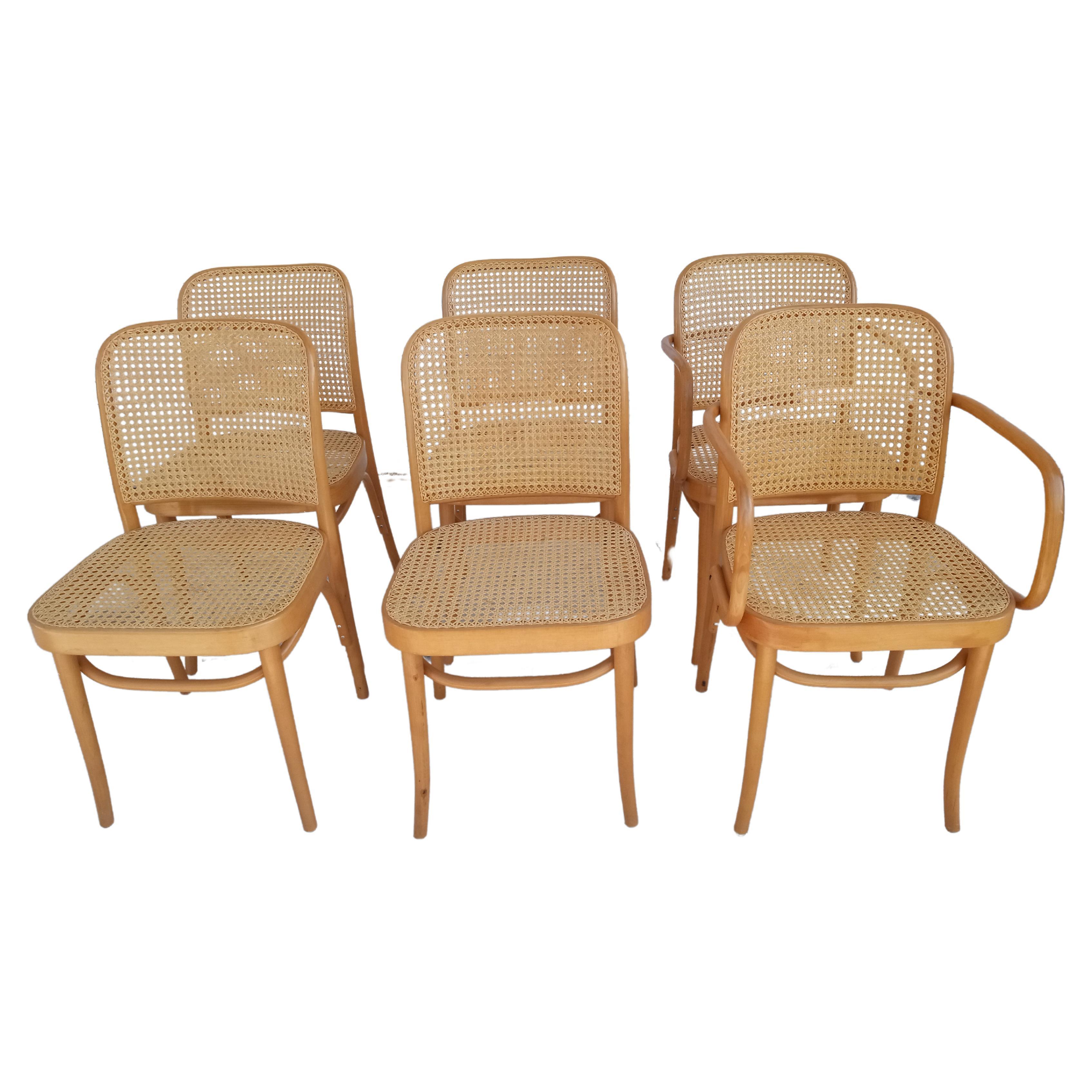 Josef Hoffman for Thonet Set of Six Bentwood and Cane Chairs