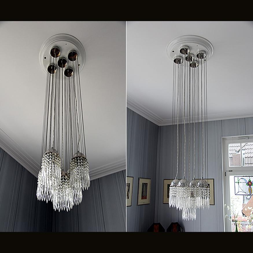 Chandelier for the entrance of the WW-showrooms in Neustiftgasse 32/34 in Vienna, design 1903.
Four single pendants, mounted on a ceiling-plate. 
Hammered or plain.
The original started in an auction in 2005 at 30.000 Euros and went to London after