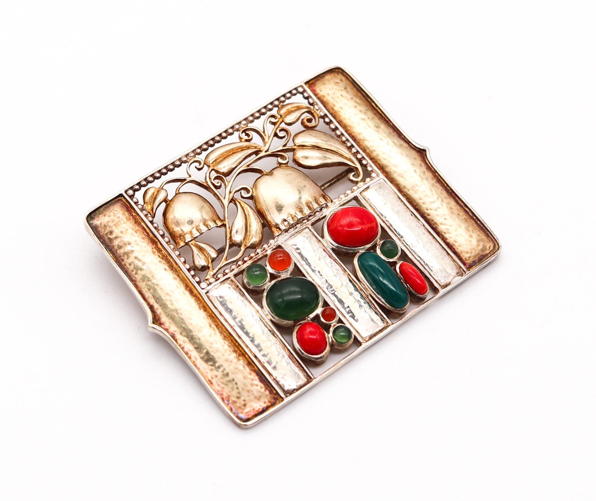 Cabochon JOSEF HOFFMANN 1911-2011 Art Nouveau Bell Flowers Brooch In Sterling & Gemstones