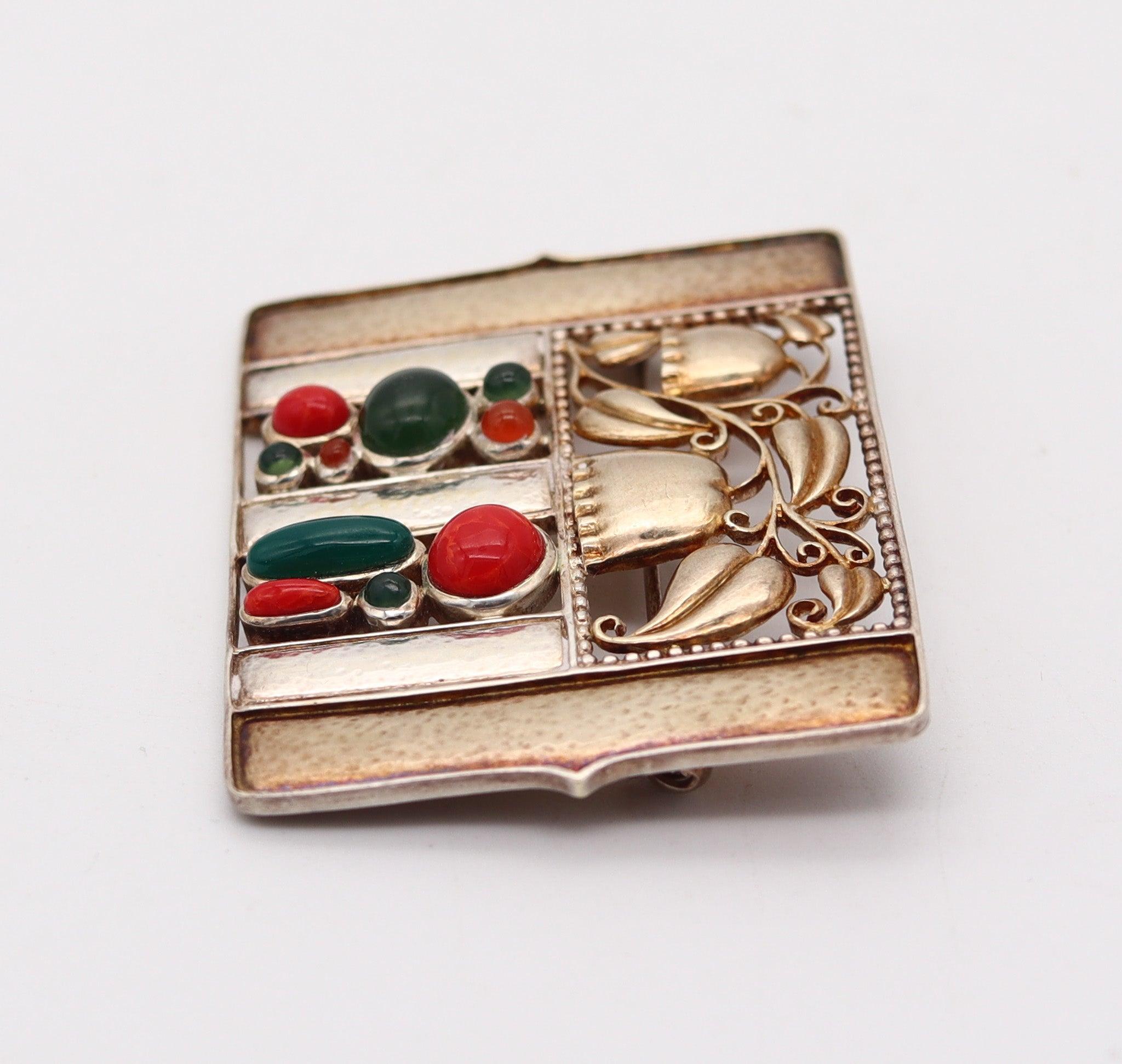 JOSEF HOFFMANN 1911-2011 Art Nouveau Bell Flowers Brooch In Sterling & Gemstones In Excellent Condition In Miami, FL