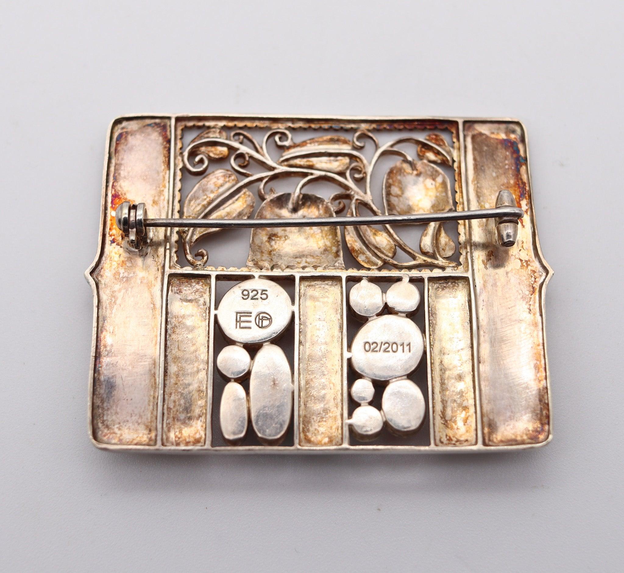 Women's or Men's JOSEF HOFFMANN 1911-2011 Art Nouveau Bell Flowers Brooch In Sterling & Gemstones