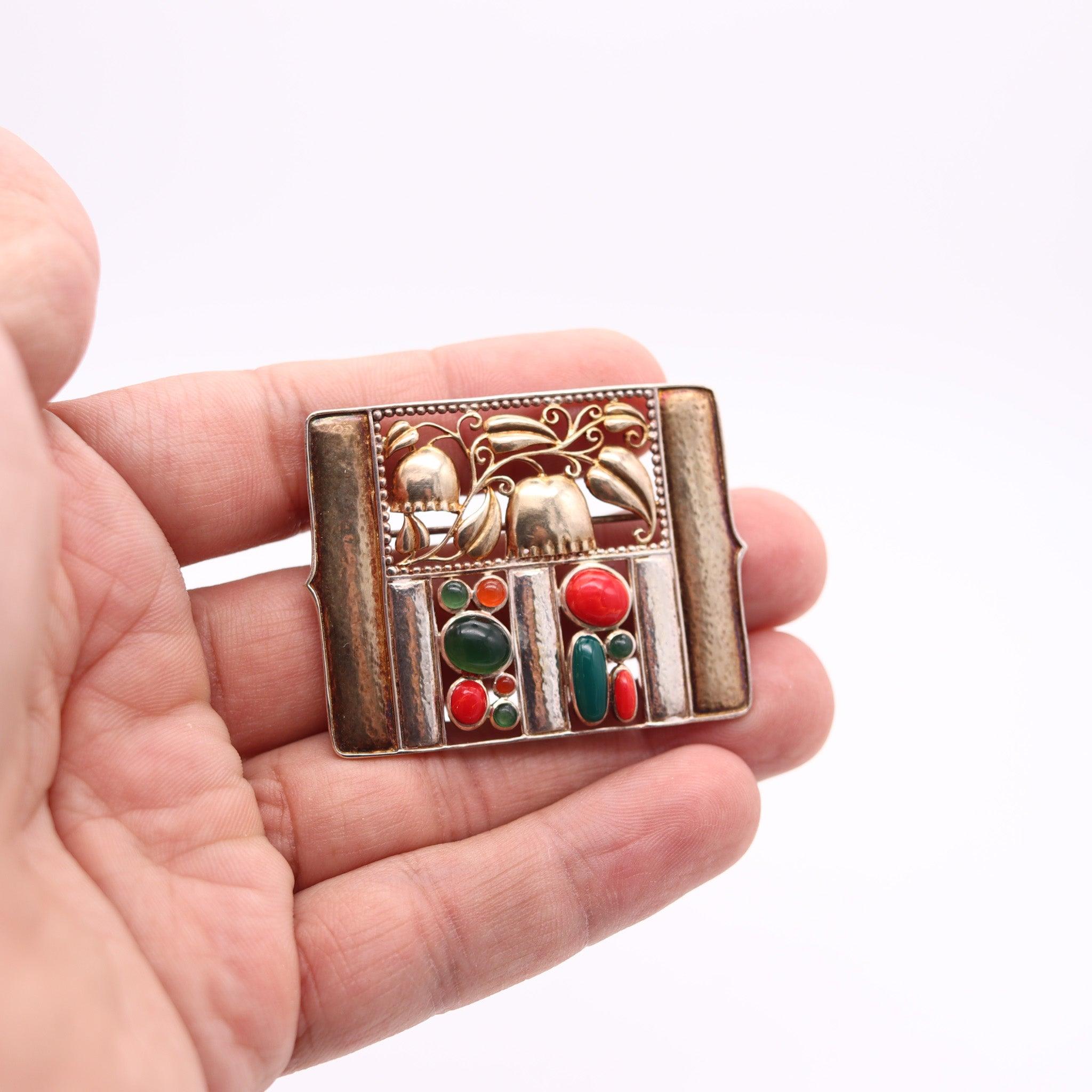 JOSEF HOFFMANN 1911-2011 Art Nouveau Bell Flowers Brooch In Sterling & Gemstones 1