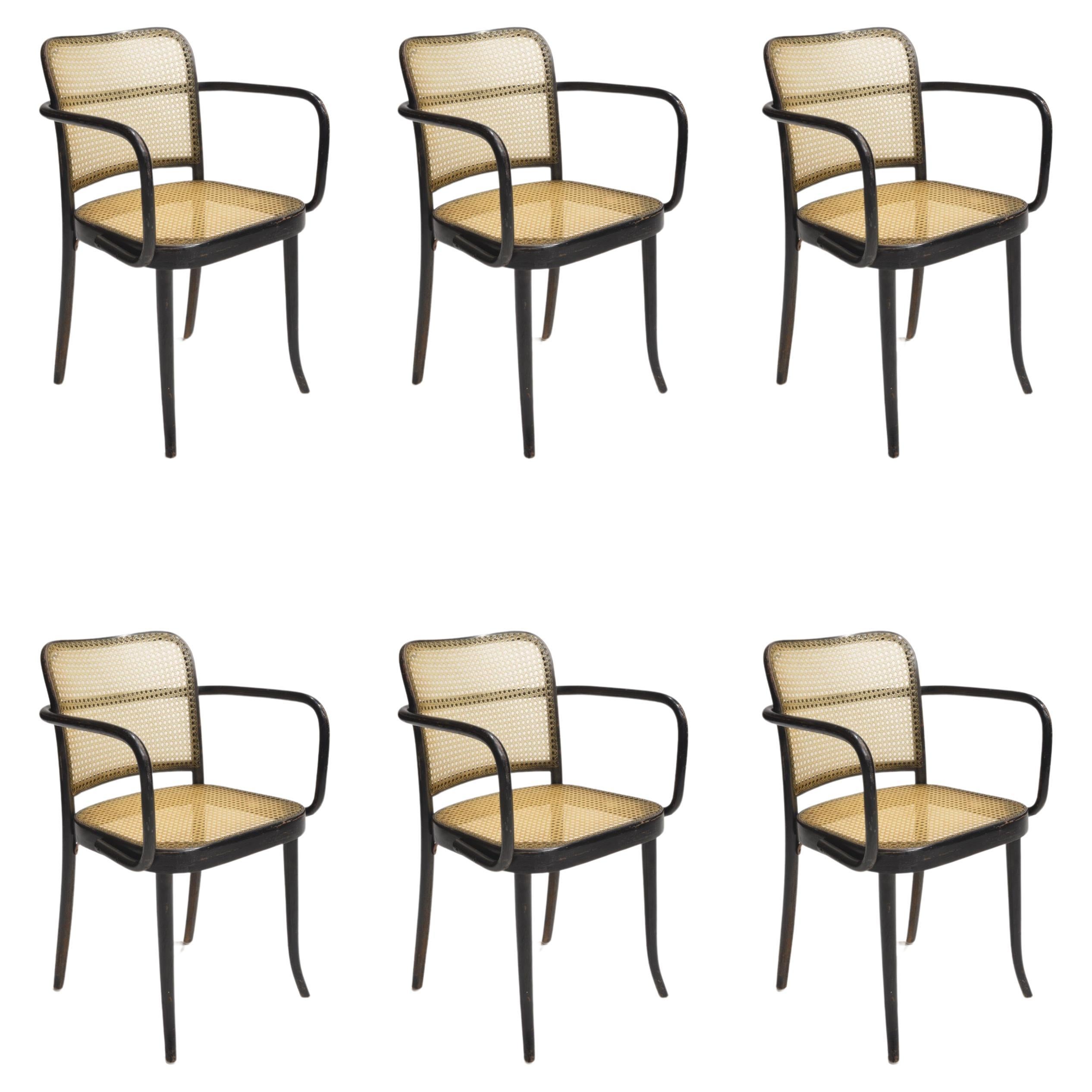 Josef Hoffmann Bentwood Beech Prague Model 811 Chairs in Black and Leather Weave For Sale