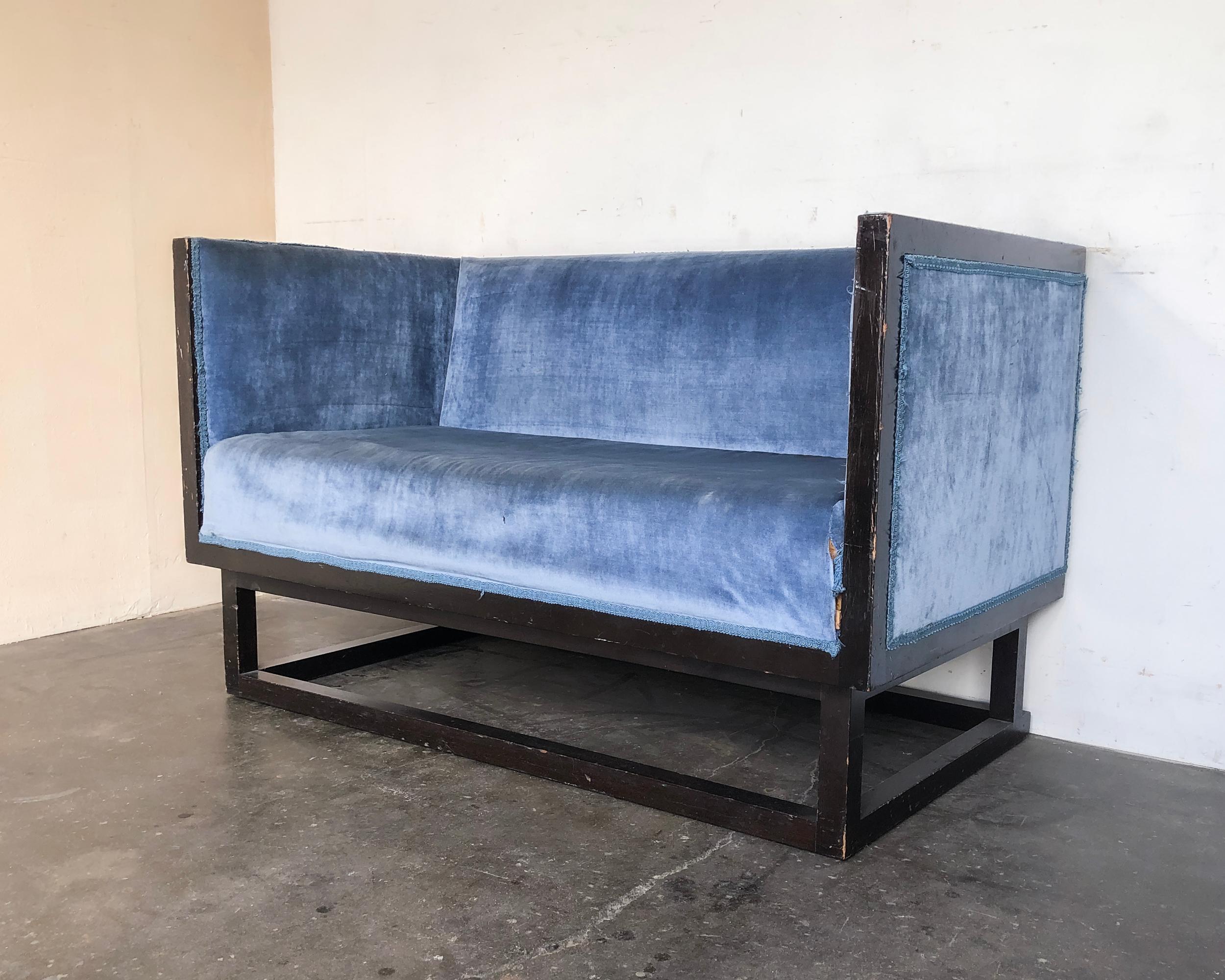 Rare original 'Cabinet Sofa' loveseat by Josef Hoffmann handmade circa 1980s by Wittmann Austria. Designed in 1903, for the Vienna home of Dr. Salzer, Josef Hoffmann's cabinet set is a timeless design. The rationalist cube form is made comfortable