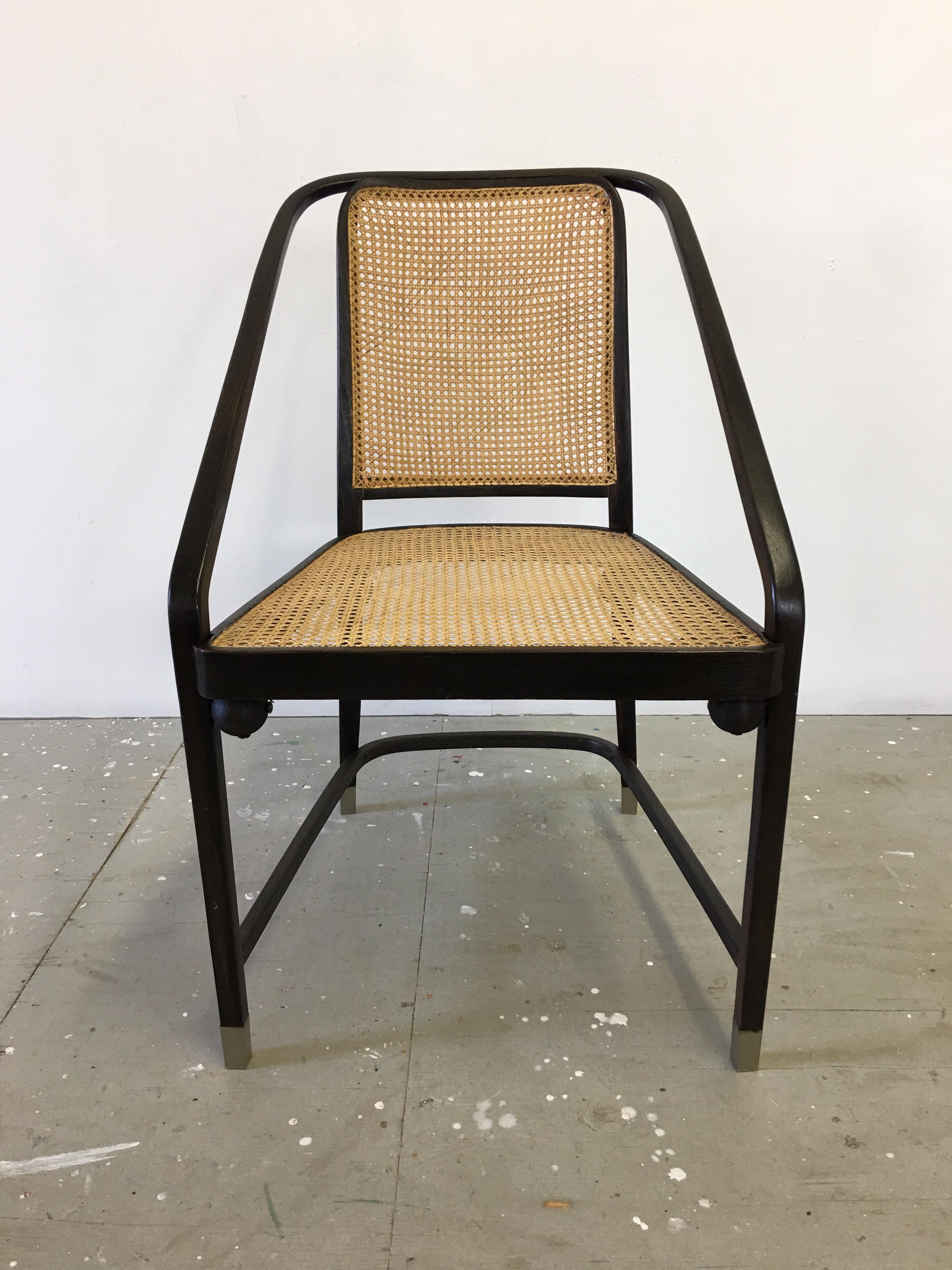 Josef Hoffmann Chair Model 725 circa 1903-1905. Rare variation with caned seat and back. Usually found with upholstered seat and back. Chair is sometimes said to be by Gustav Siegel as well. Bent Beech Frame with wood balls that help support the