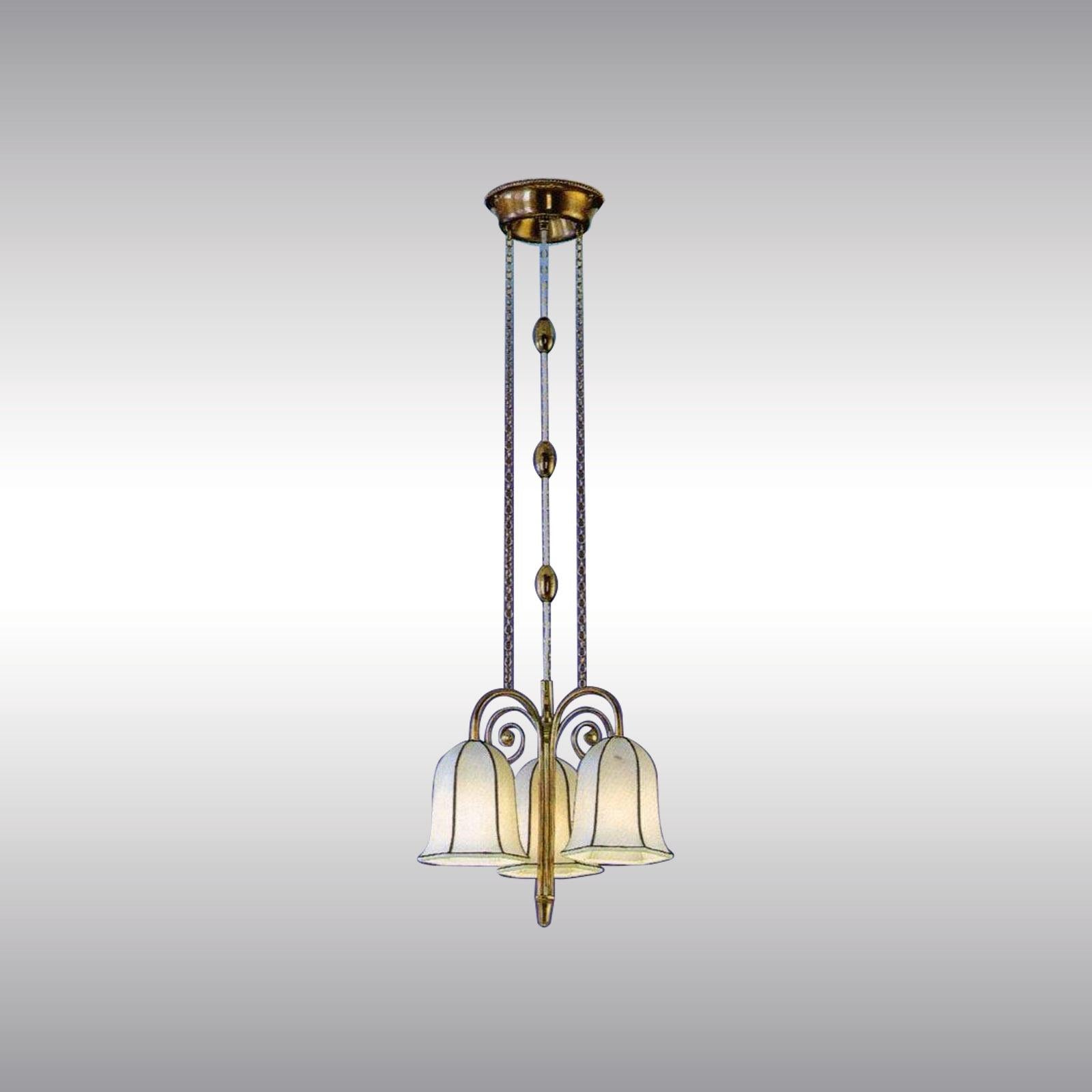 Three-arm chandelier with fabric shades. The given length is just the chandelier with no chain, the total drop is custom-made. WW-Archiv, MAK M1652.
Originally manufactured at the Wiener Werkstaette Atelier, now custom-made production at the Woka