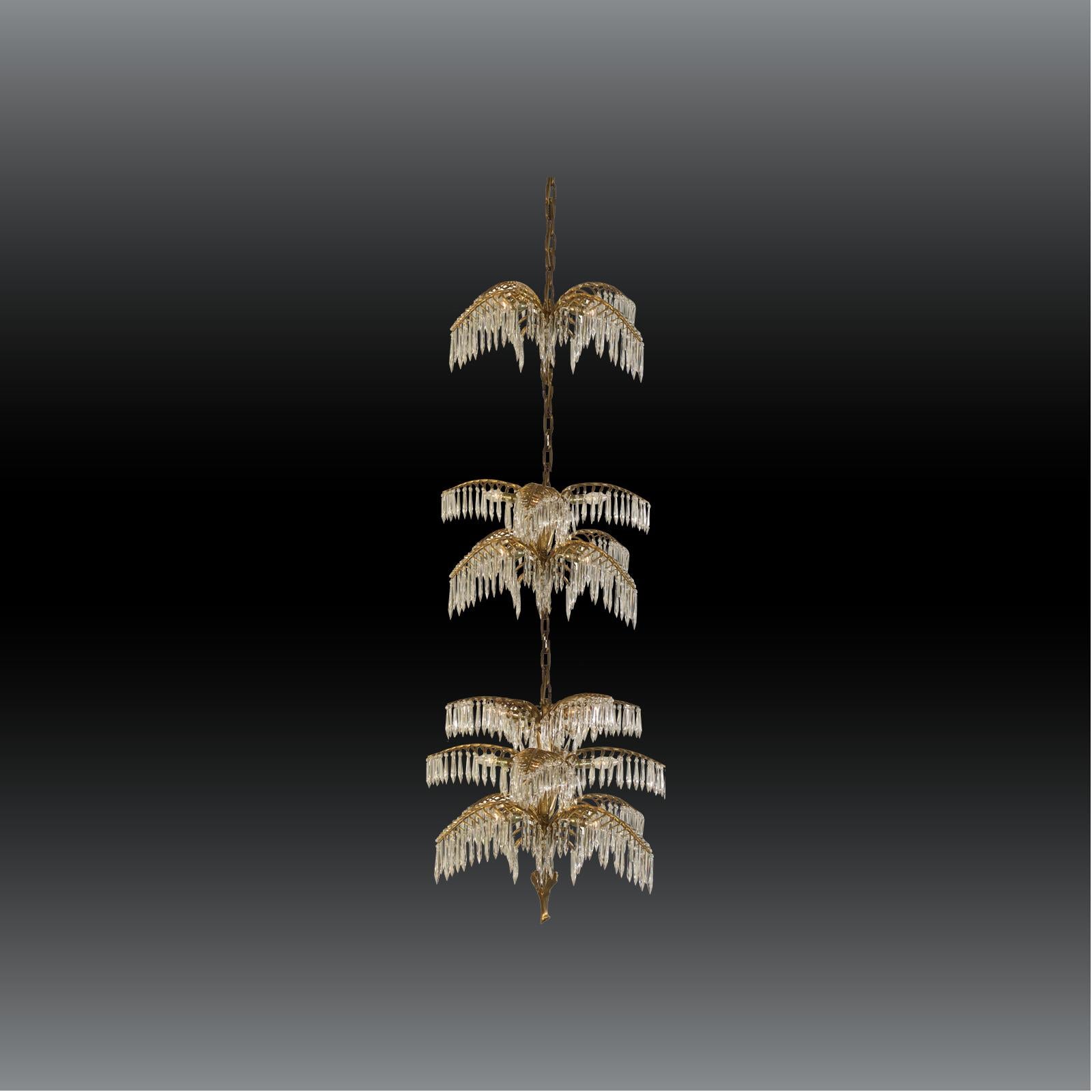 Magnificent chandelier in solid casted brass. Extraordinary elaborate finishes. Rich hangings with hand-cut crystal glasses. Surface either brass, patinated, chrome et cetera.
Originally manufactured at the Wiener Werkstaette Atelier, now