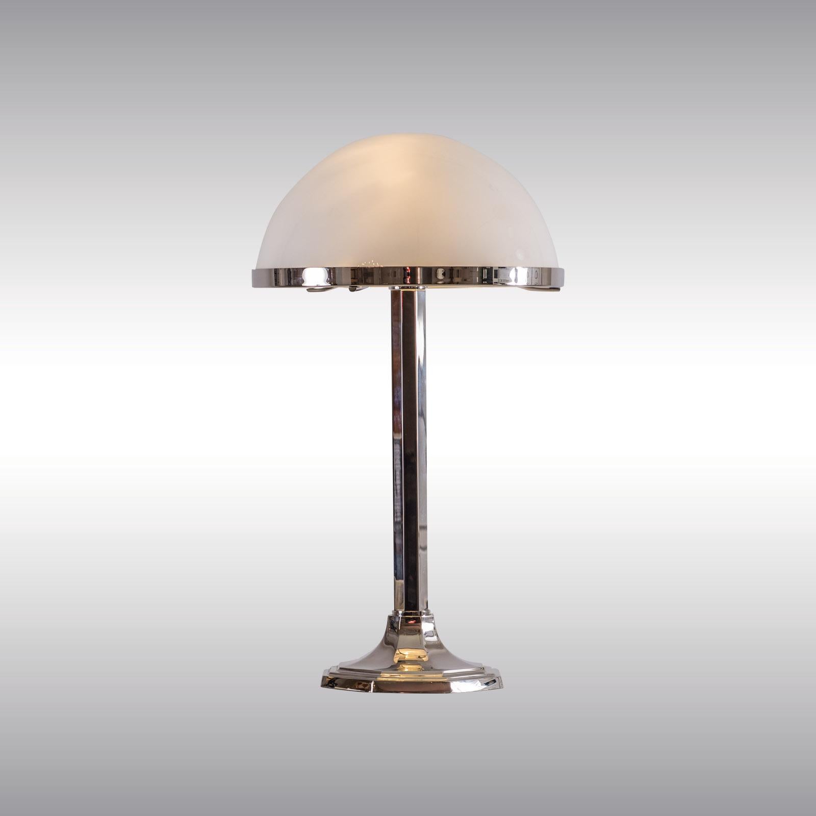 Table light with opaline glass shade, pictured in brass 
All components according to the UL regulations, with an additional charge we will UL-list and label our fixtures.