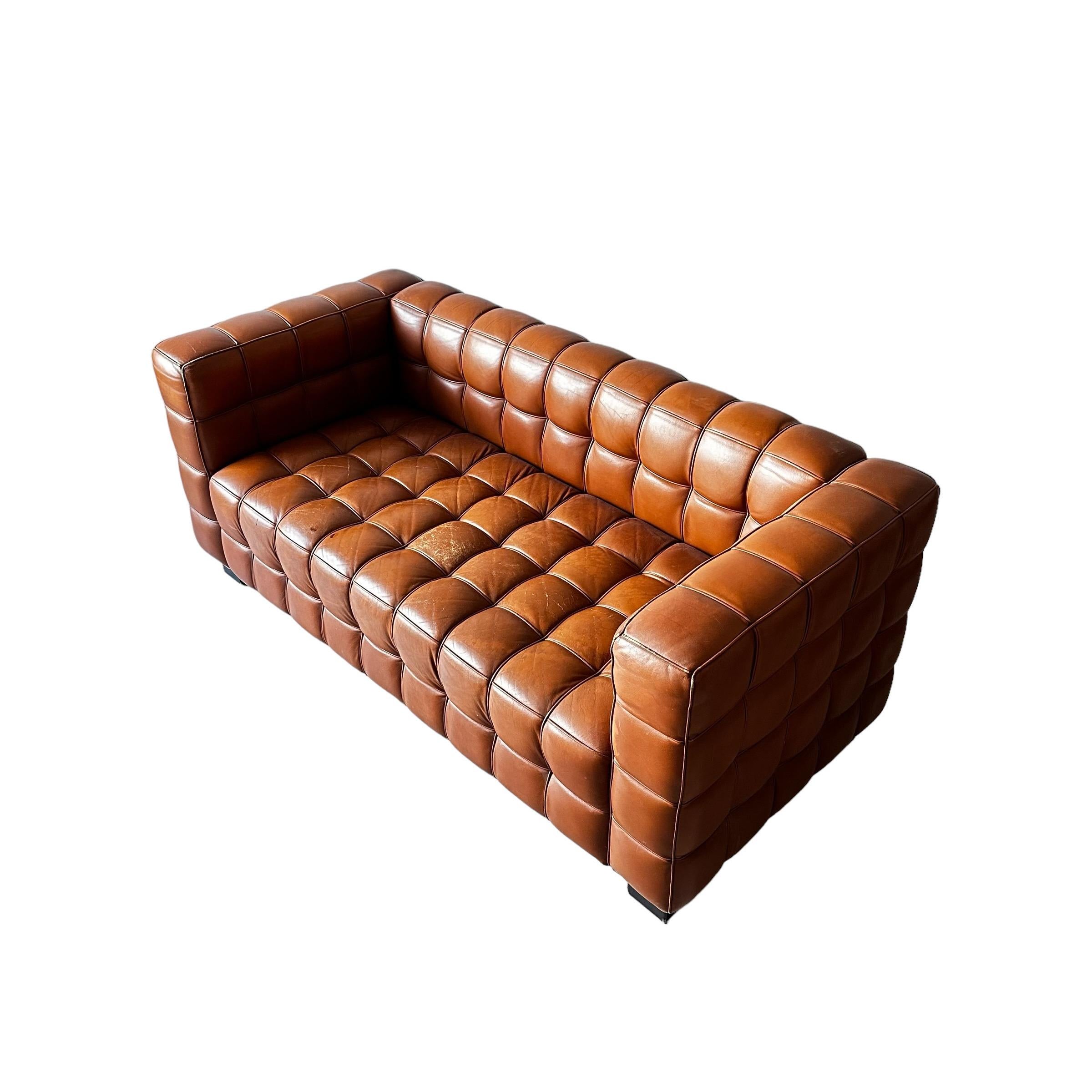 Austrian Josef Hoffmann Kubus Sofa in Patinated Original Cognac Leather by Wittmann For Sale