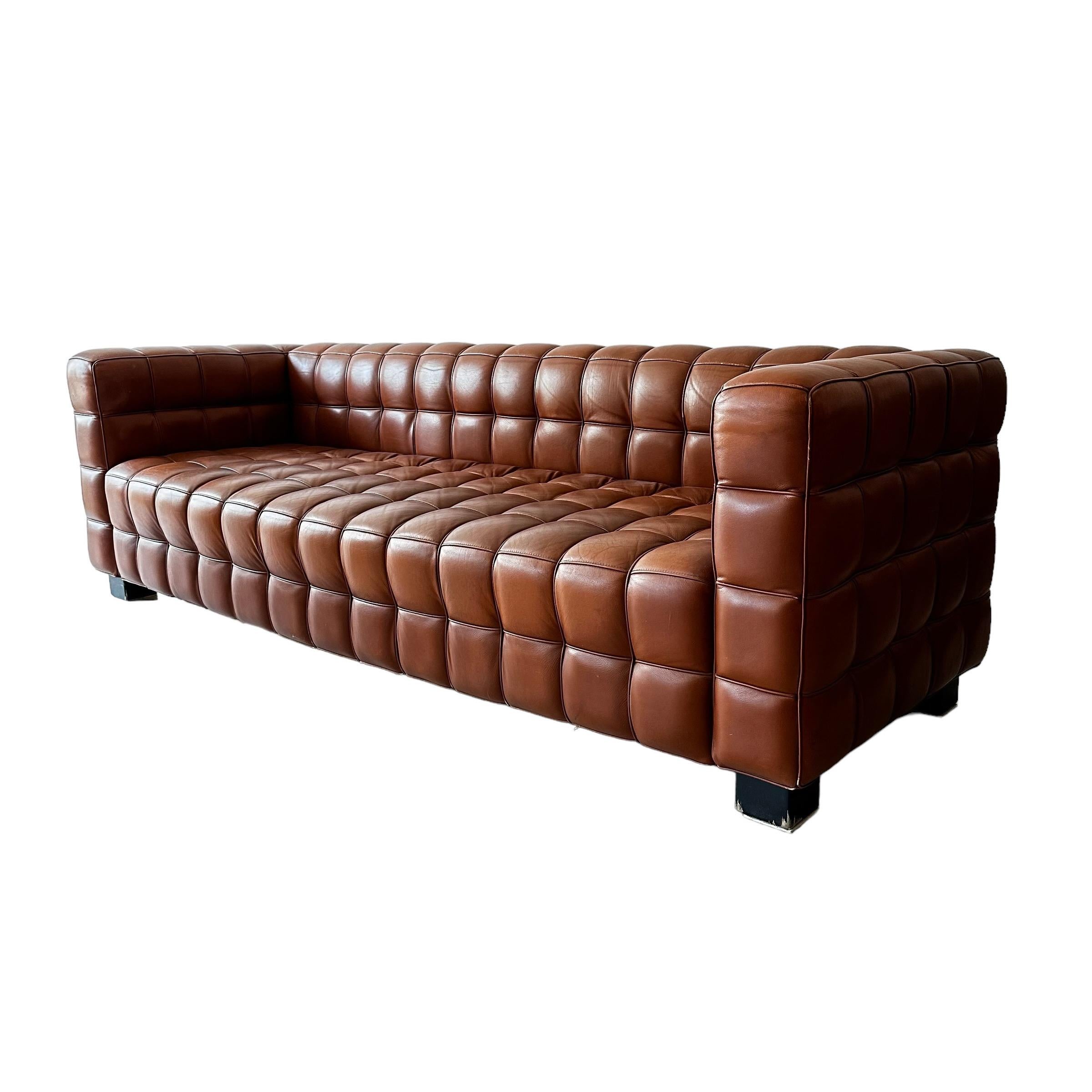 Josef Hoffmann Kubus Sofa in Patinated Original Cognac Leather by Wittmann For Sale 1