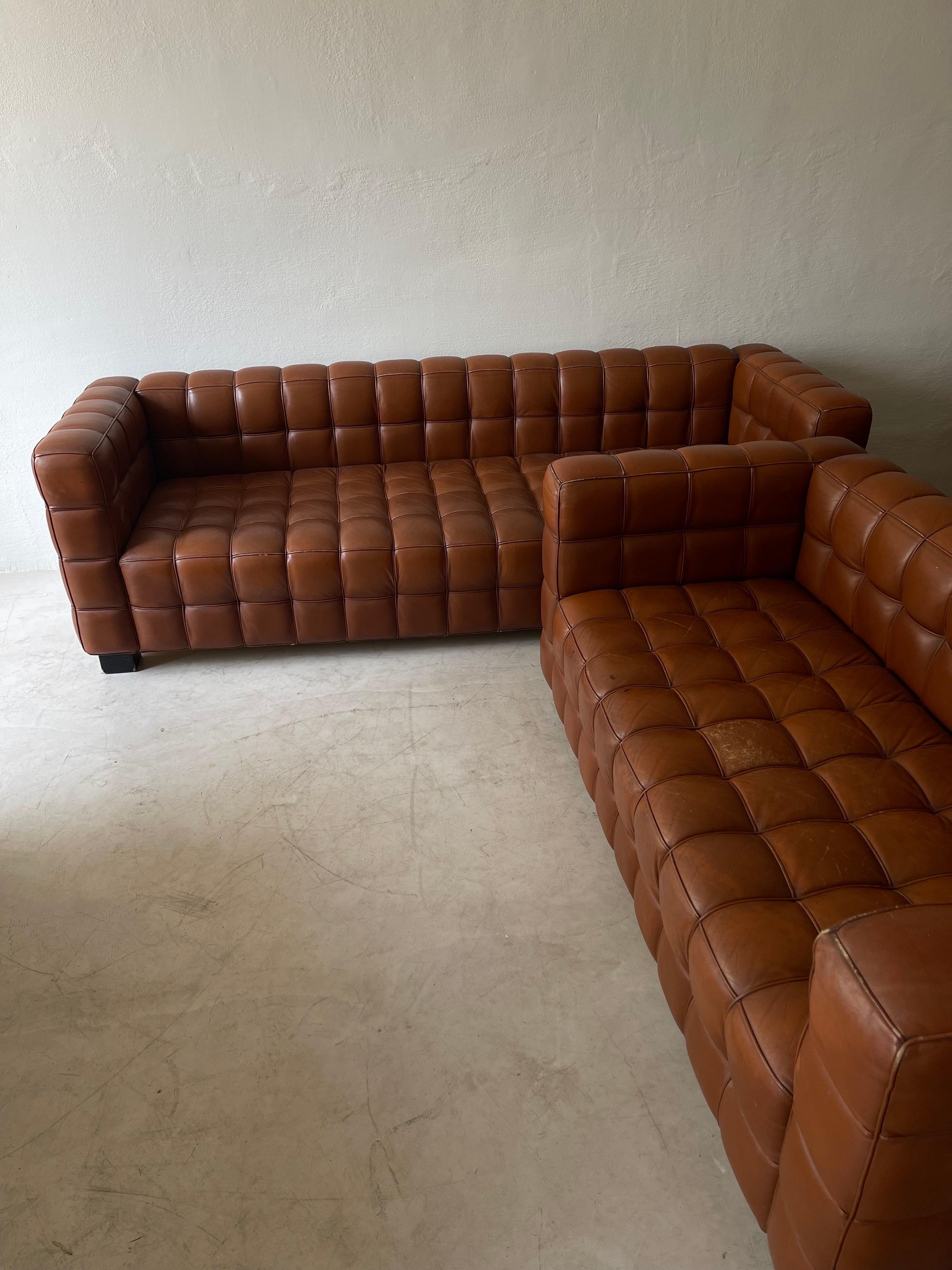 Austrian Josef Hoffmann Kubus Sofa in patinated Original Leather by Wittmann, Set of Two  For Sale